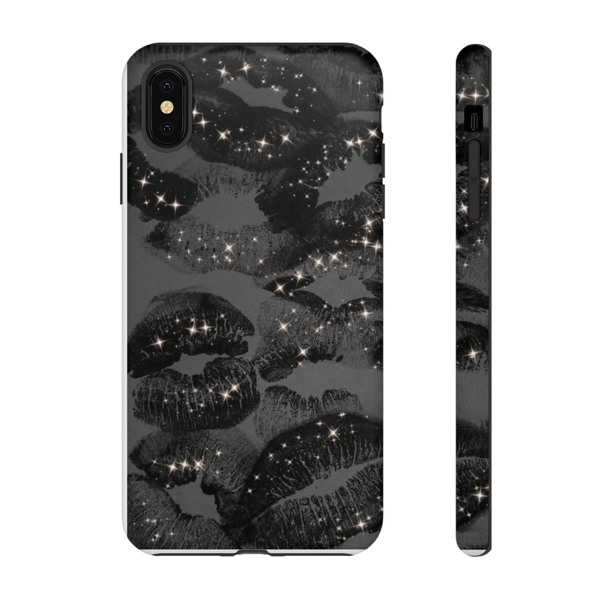 Black Glitter Kiss Phone Case — Sparkling Lip Print Protective Cover