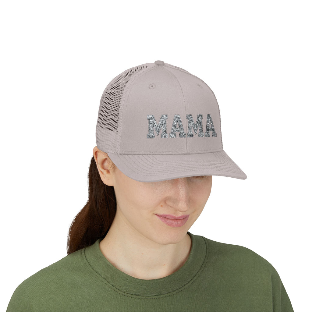 Mama Snapback Trucker Cap — Glitter Script "MAMA" Mesh Back Hat for Moms, Mother's Day Gift