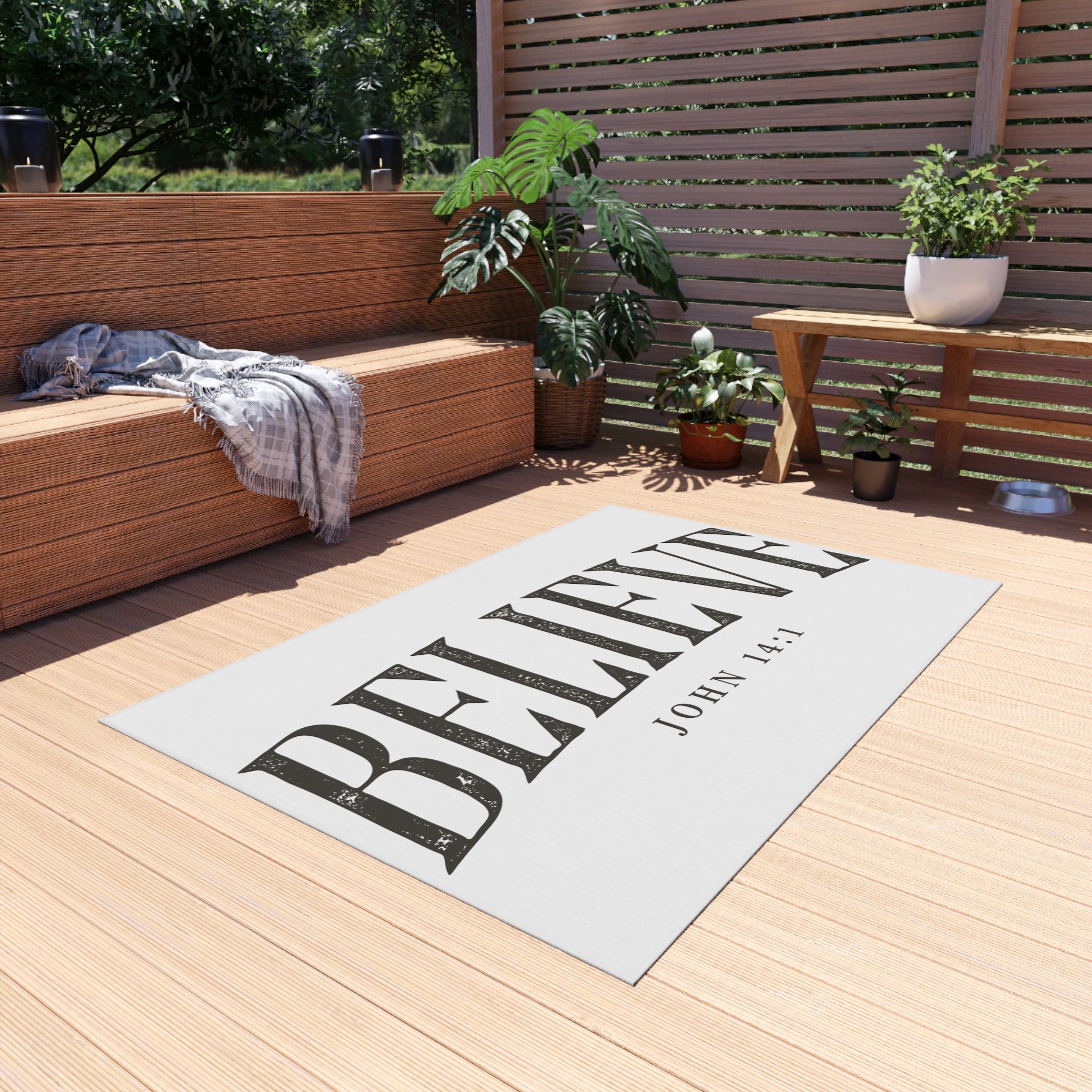 Believe Outdoor Rug — "Believe" John 14:1 Scripture Doormat