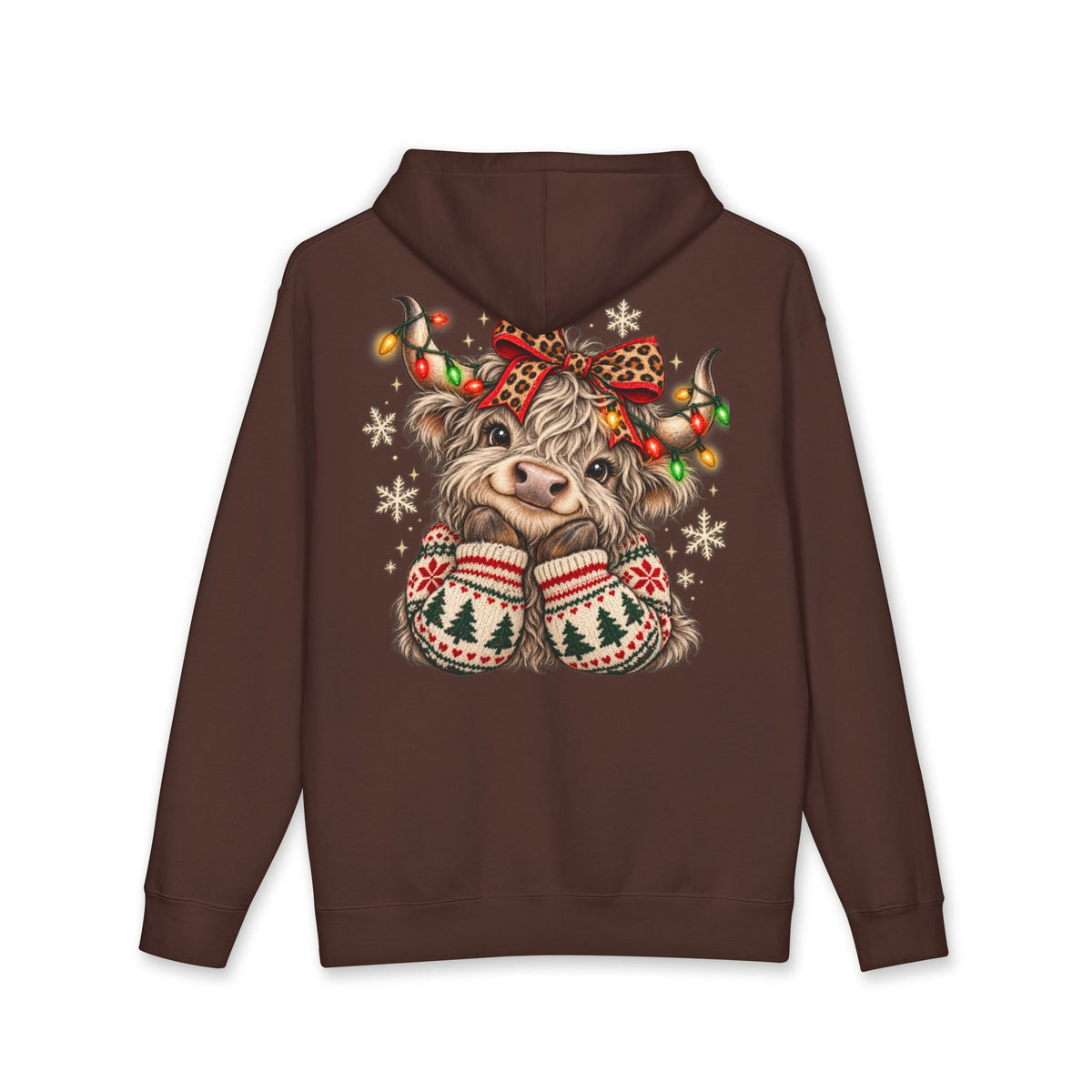 Christmas Cow Hoodie – Cute Highland Cow with Festive Lights & 'Merry Dolly Christmas' Design