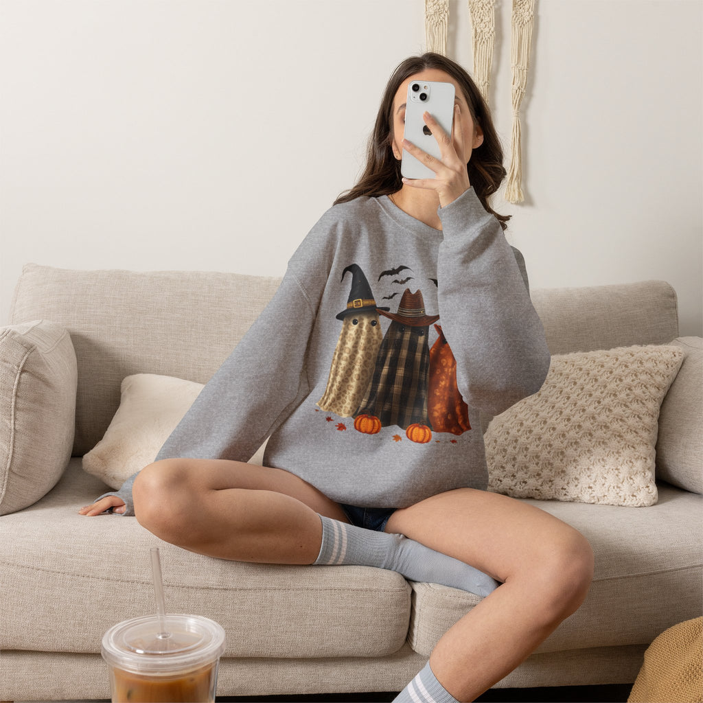 Halloween Witch Ghosts Crewneck Sweatshirt — Cozy Pumpkin & Bats Fall Graphic