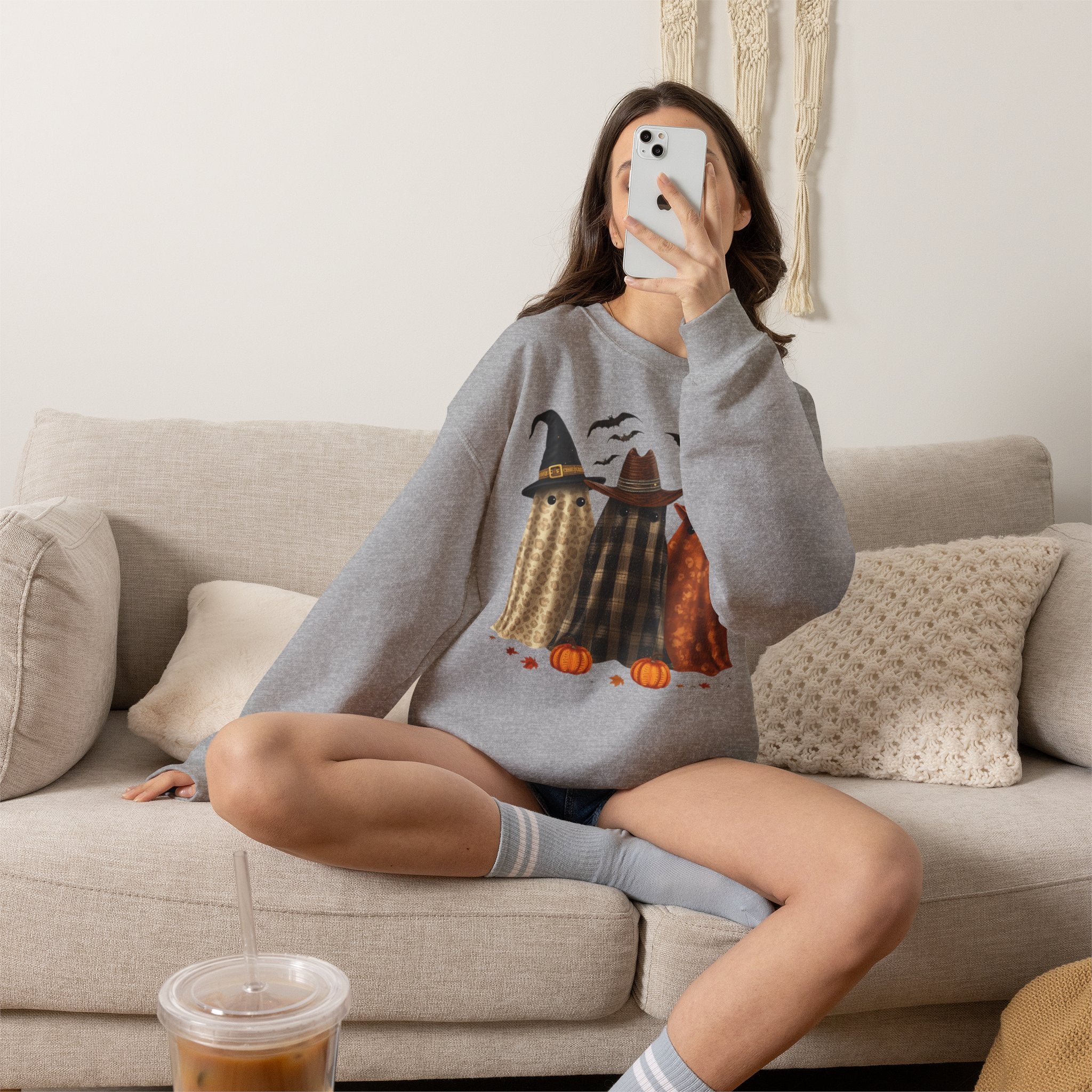 Halloween Witch Ghosts Crewneck Sweatshirt — Cozy Pumpkin & Bats Fall Graphic