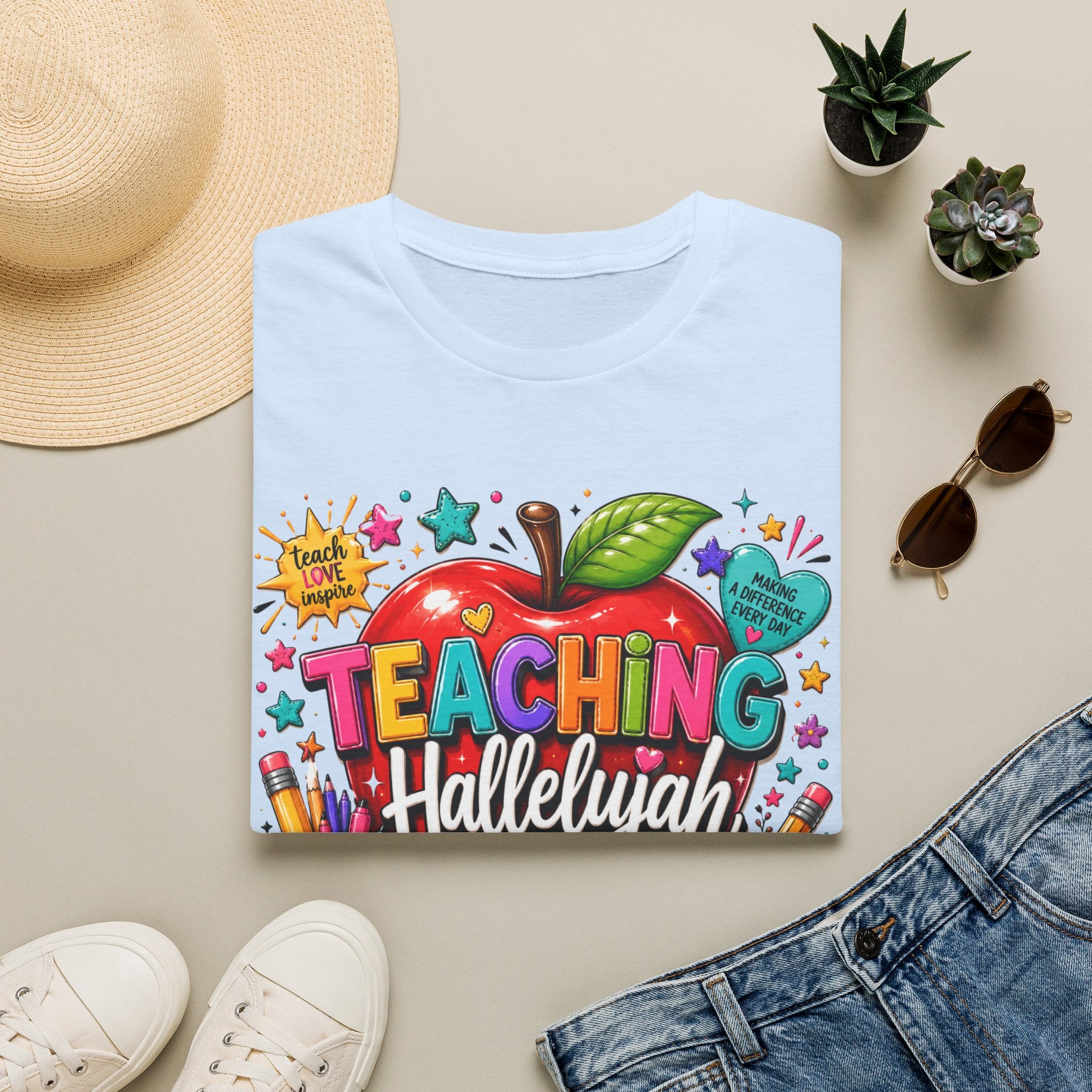 Teacher T-Shirt — "Teaching Hallelujah" Colorful Apple Classroom Tee