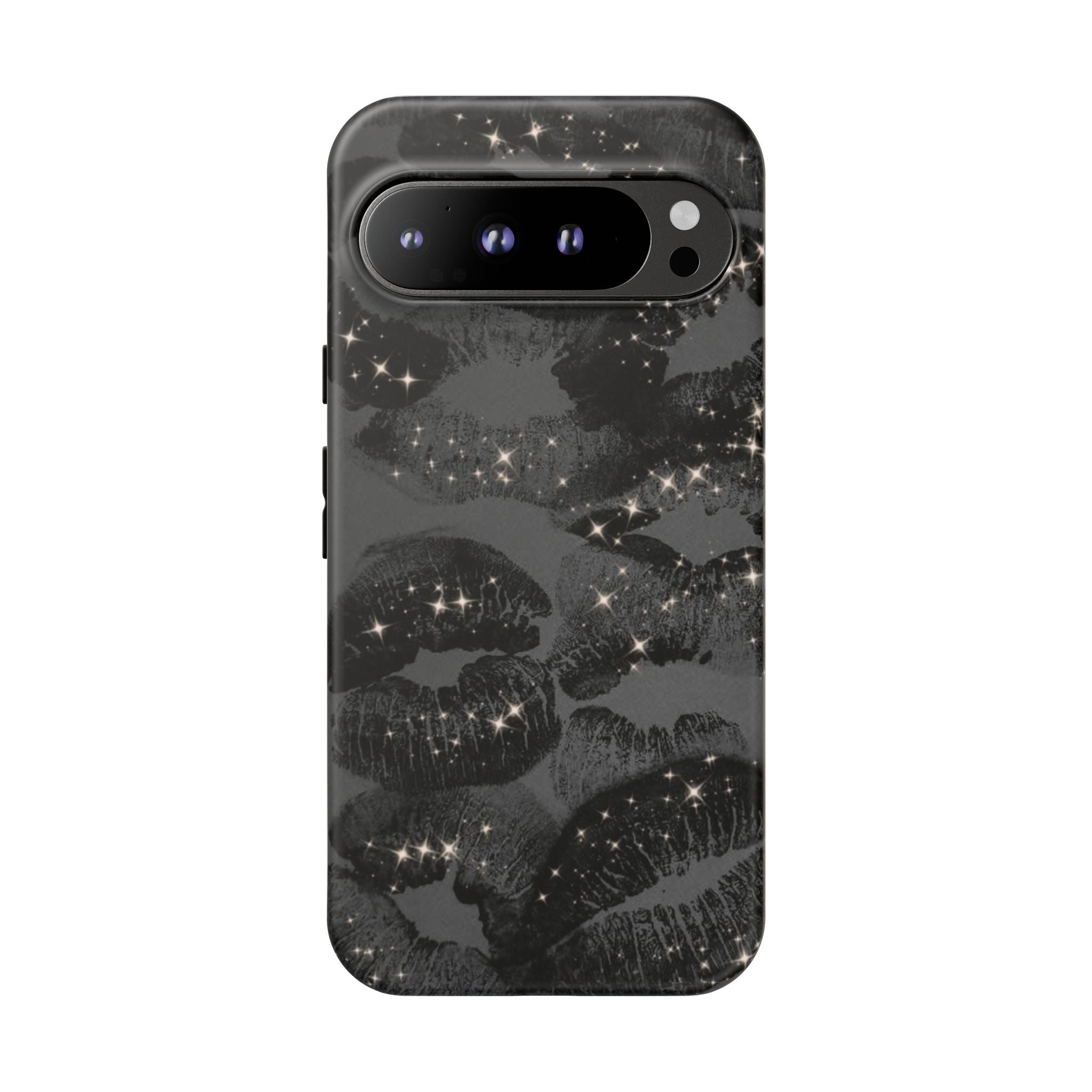 Black Glitter Kiss Phone Case — Sparkling Lip Print Protective Cover