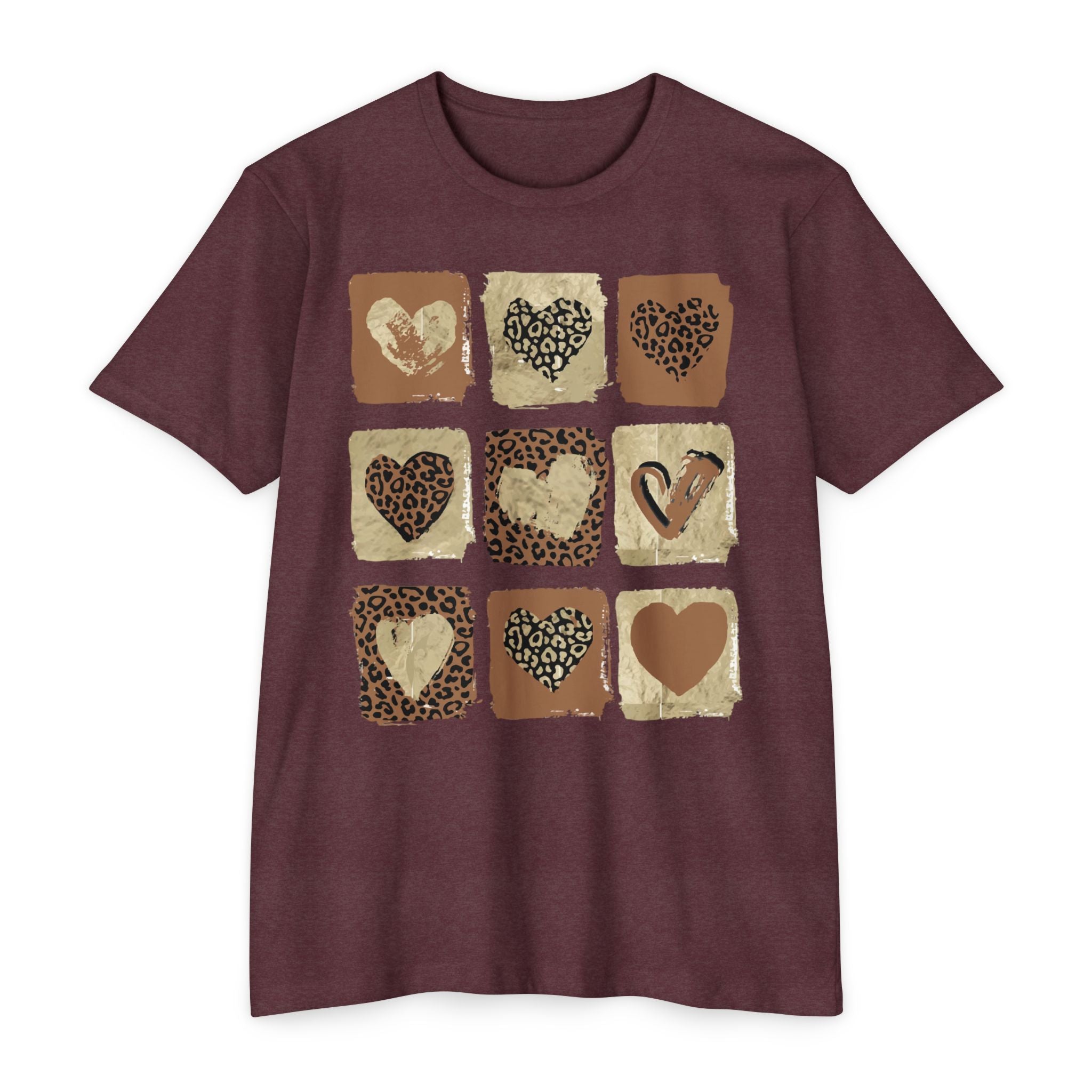 Leopard Hearts T‑Shirt — Neutral Animal Print Heart Grid Tee