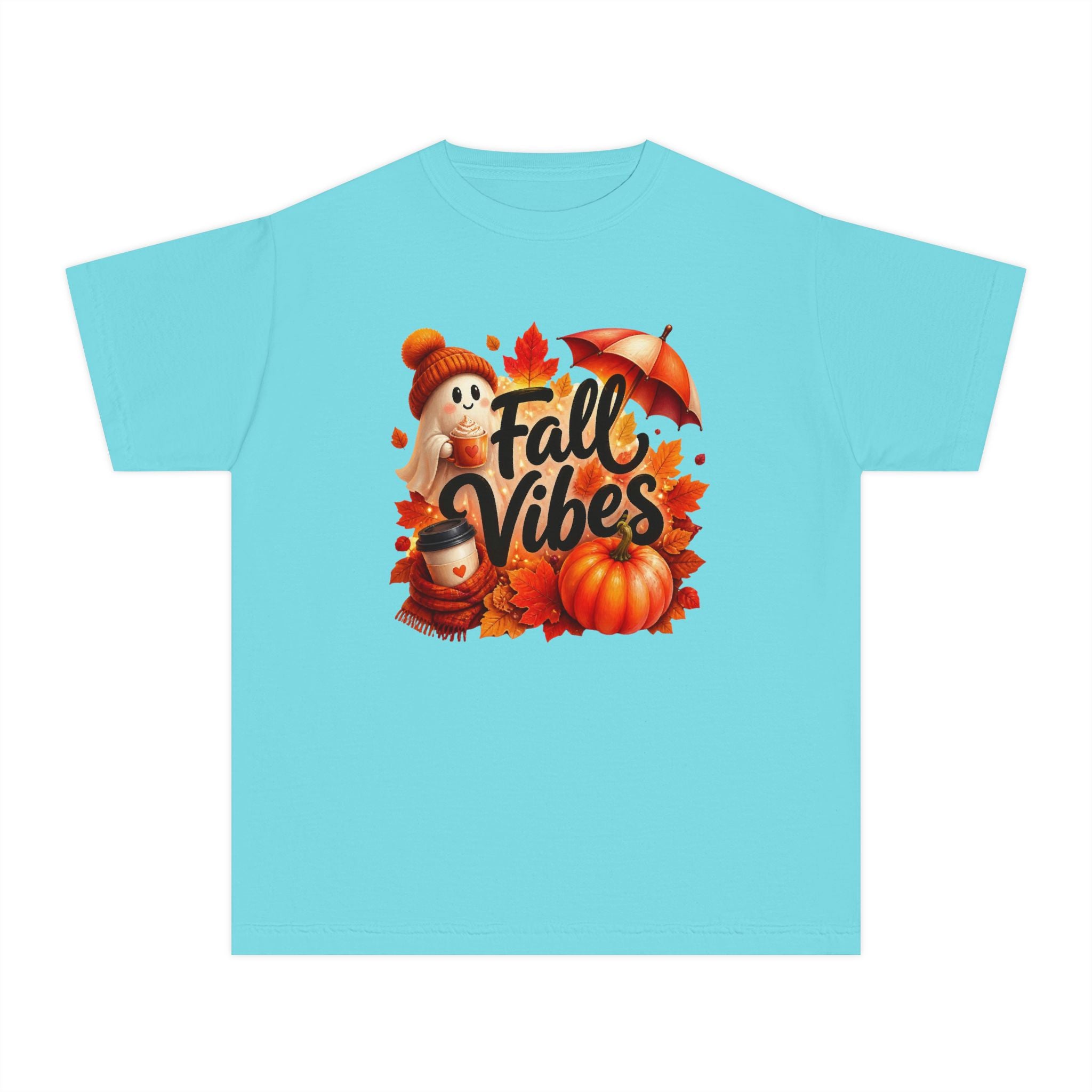 Fall Vibes Youth Tee — Cute Pumpkin, Leaves & Scarecrow Autumn Shirt