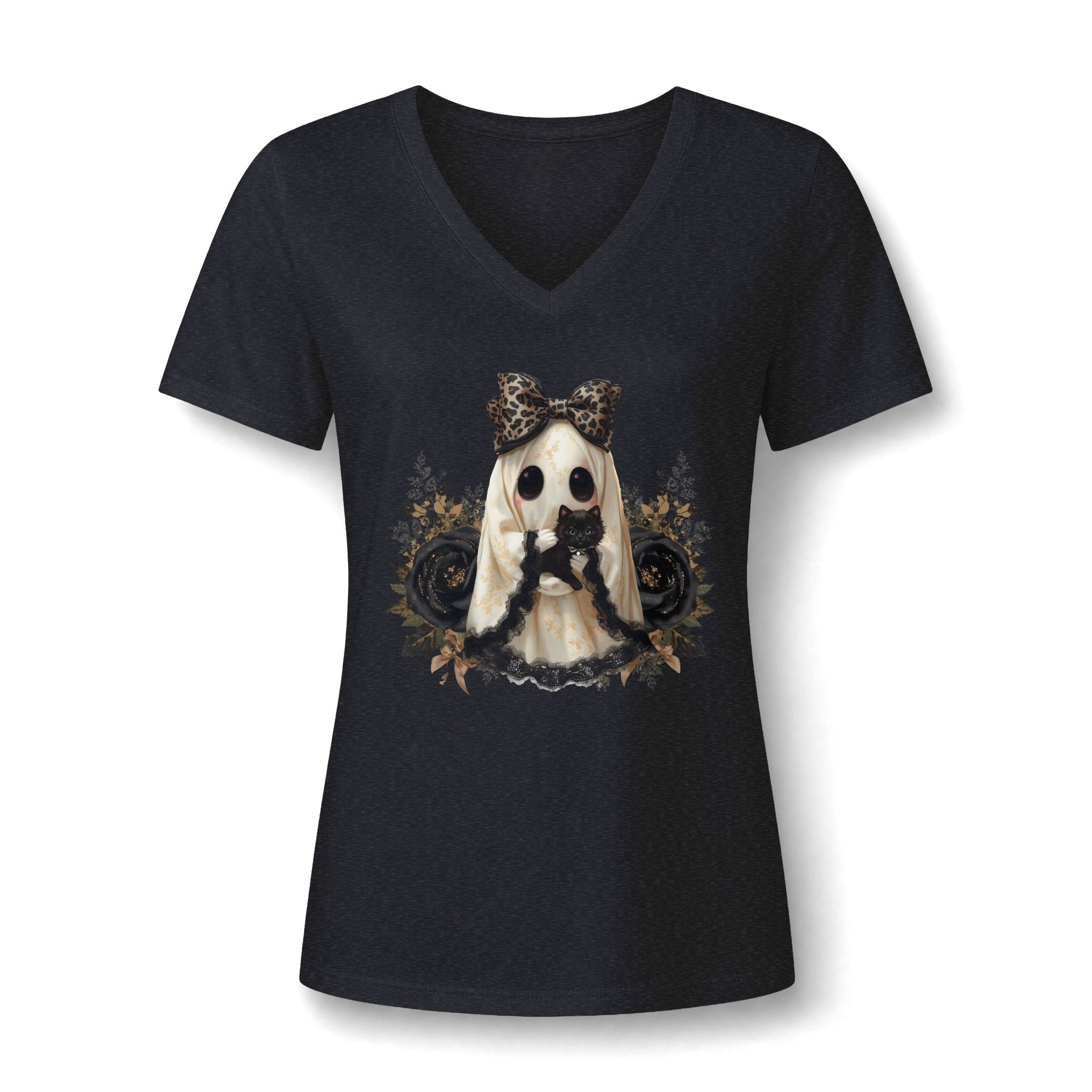 Women's V-Neck Tee — Gothic Doll with Leopard Bow Graphic