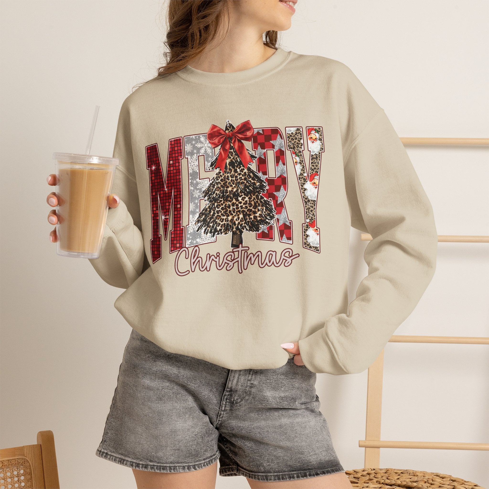 Merry Christmas Crewneck Sweatshirt — Festive Tree & Bow Holiday Sweatshirt