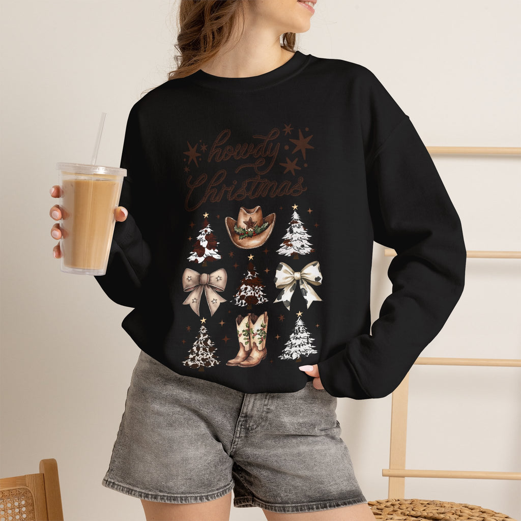 Howdy Christmas Sweatshirt — Western Cowboy Holiday Crewneck with Boots & Trees