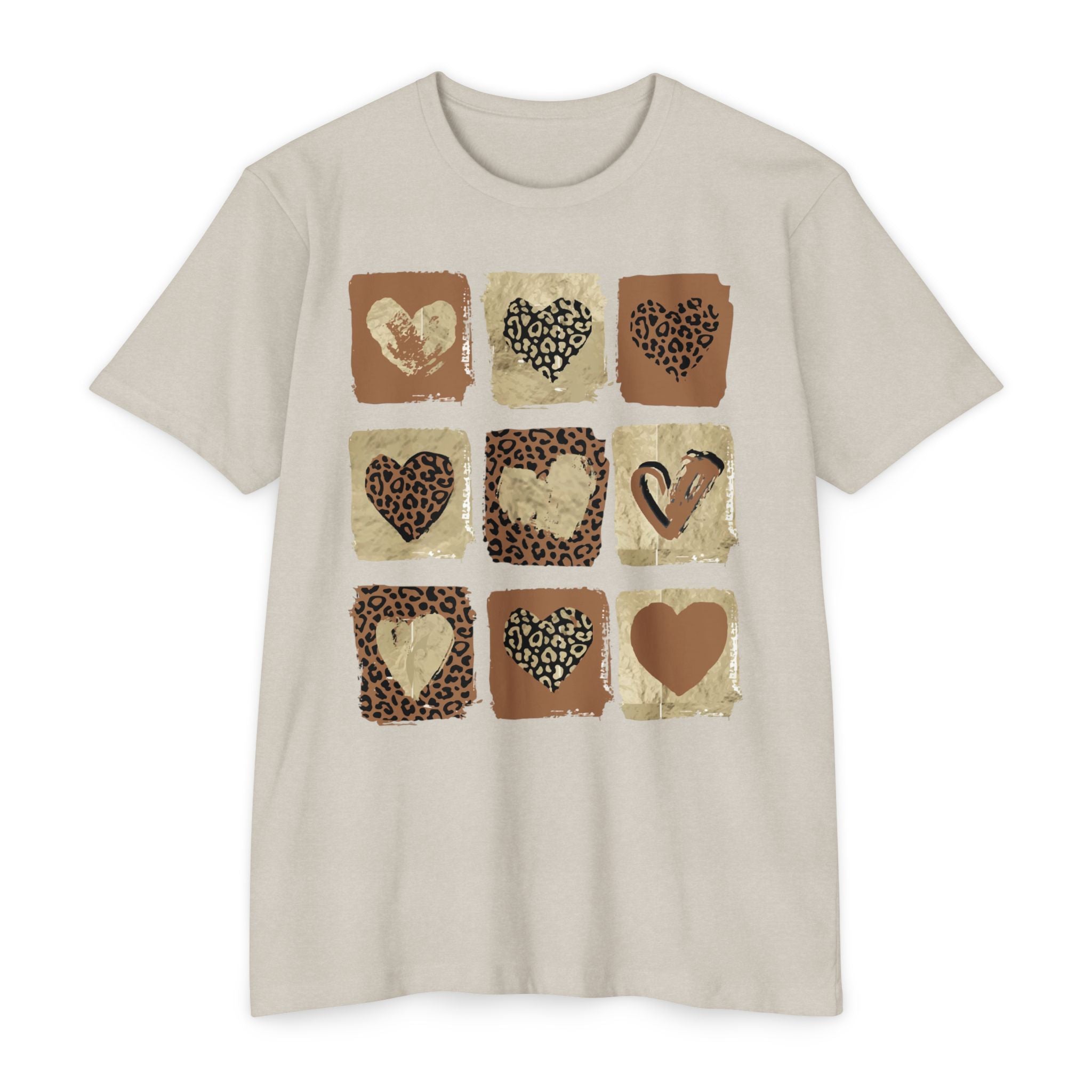 Leopard Hearts T‑Shirt — Neutral Animal Print Heart Grid Tee