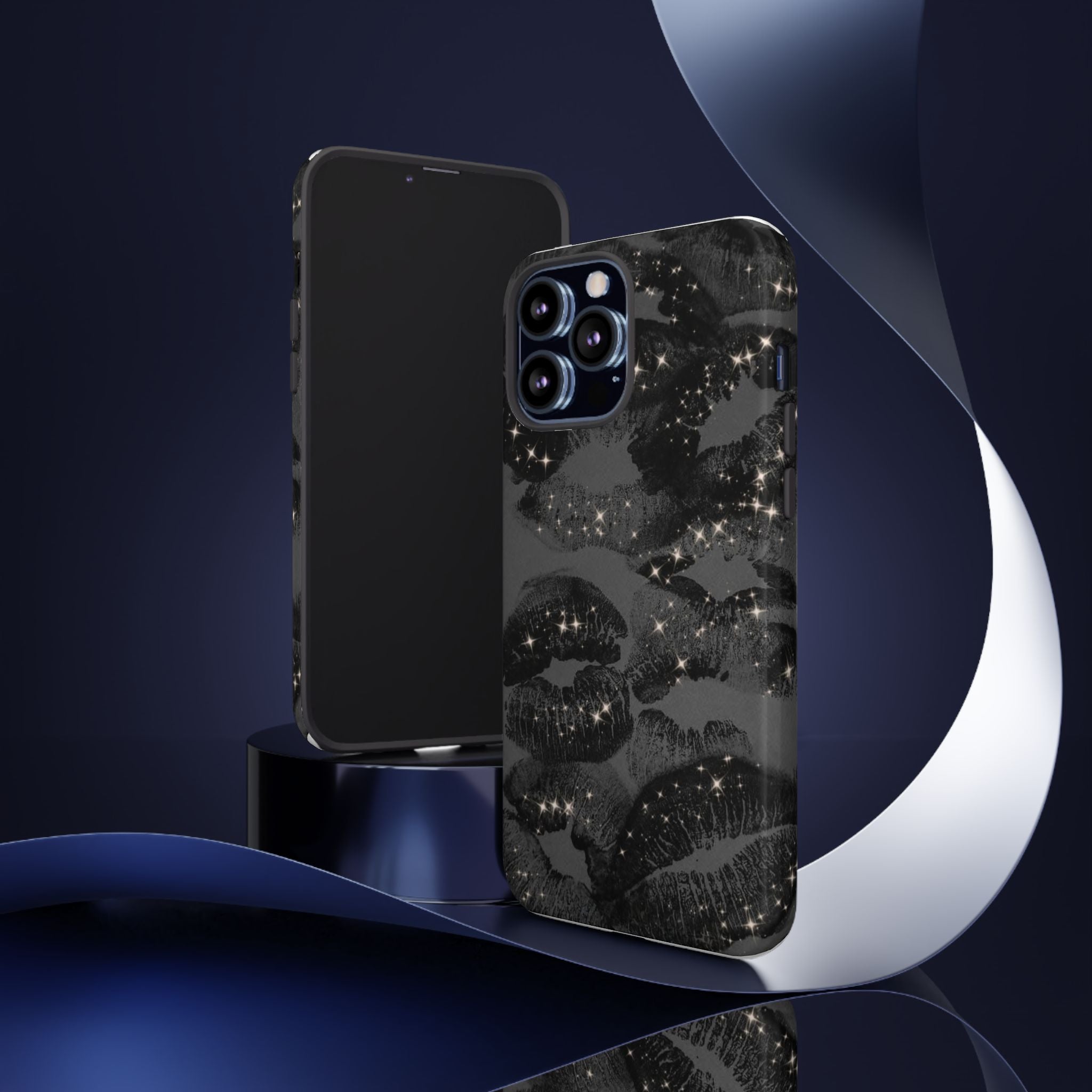 Black Glitter Kiss Phone Case — Sparkling Lip Print Protective Cover