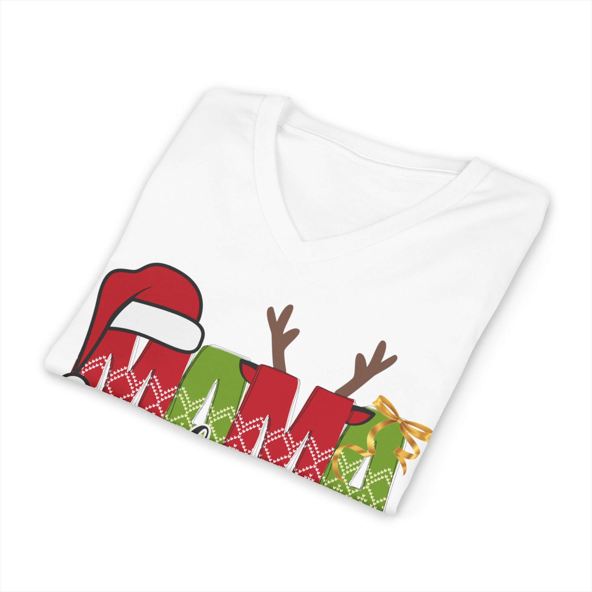Mom Claus V-Neck Tee — Christmas Holiday Family Graphic Shirt