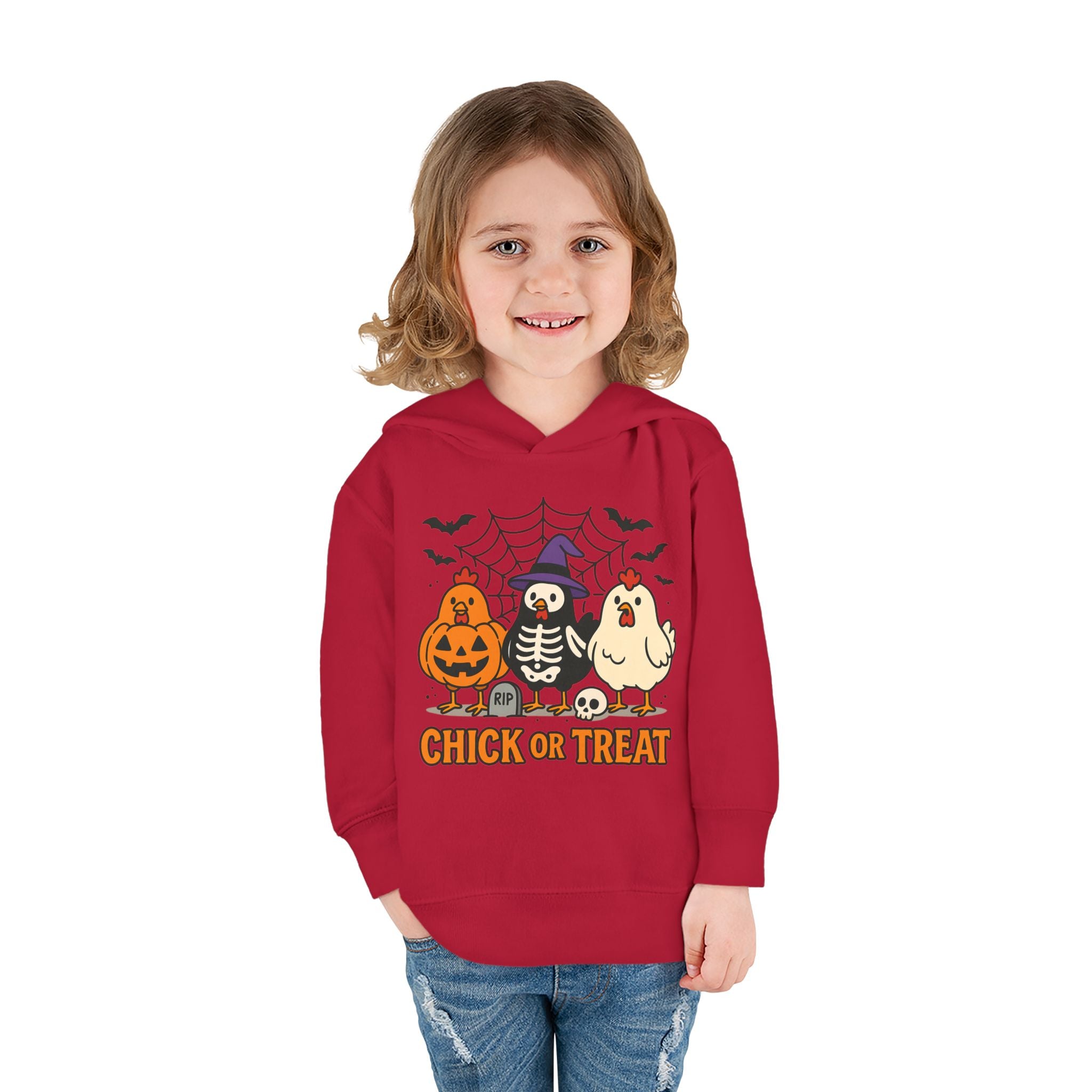 Toddler Halloween Pullover Hoodie – "Chick or Treat" Pumpkin Skeleton Chicken Kids Fleece
