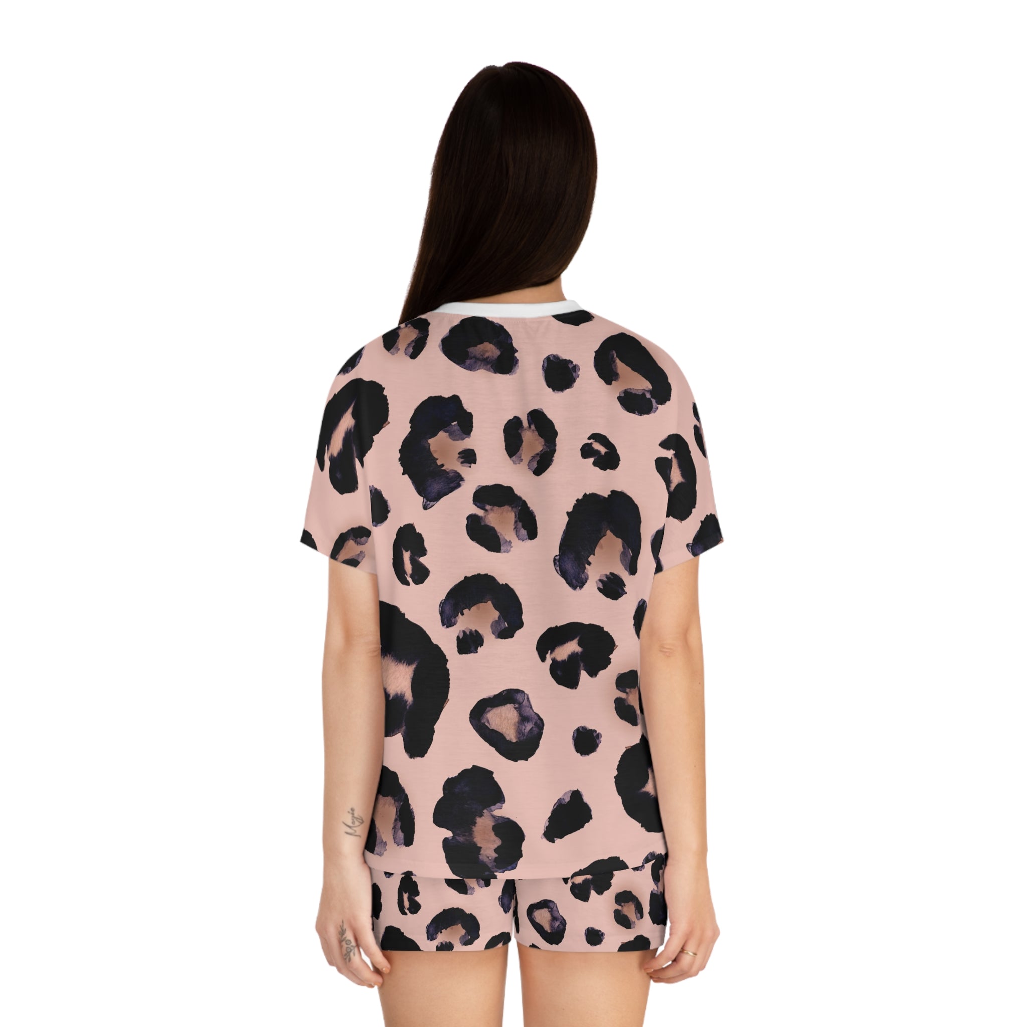 Women's Pink Leopard Print Pajama Set - Short Sleepwear