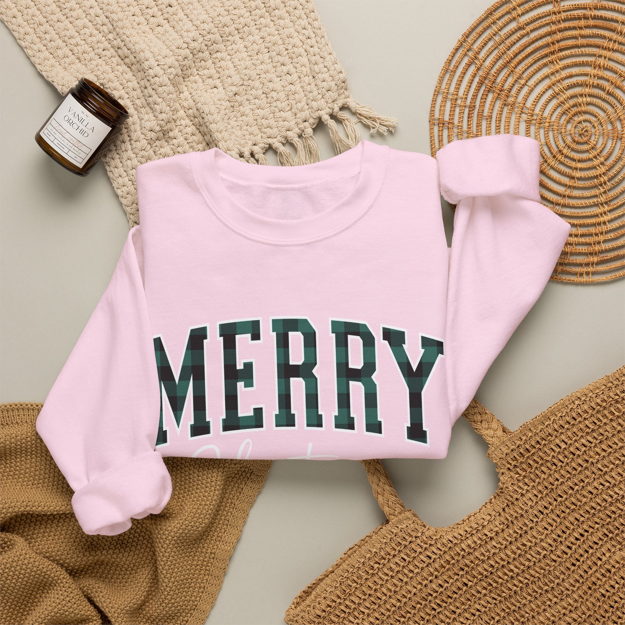 Merry Christmas Crewneck Sweatshirt – Plaid Holiday Graphic Crew