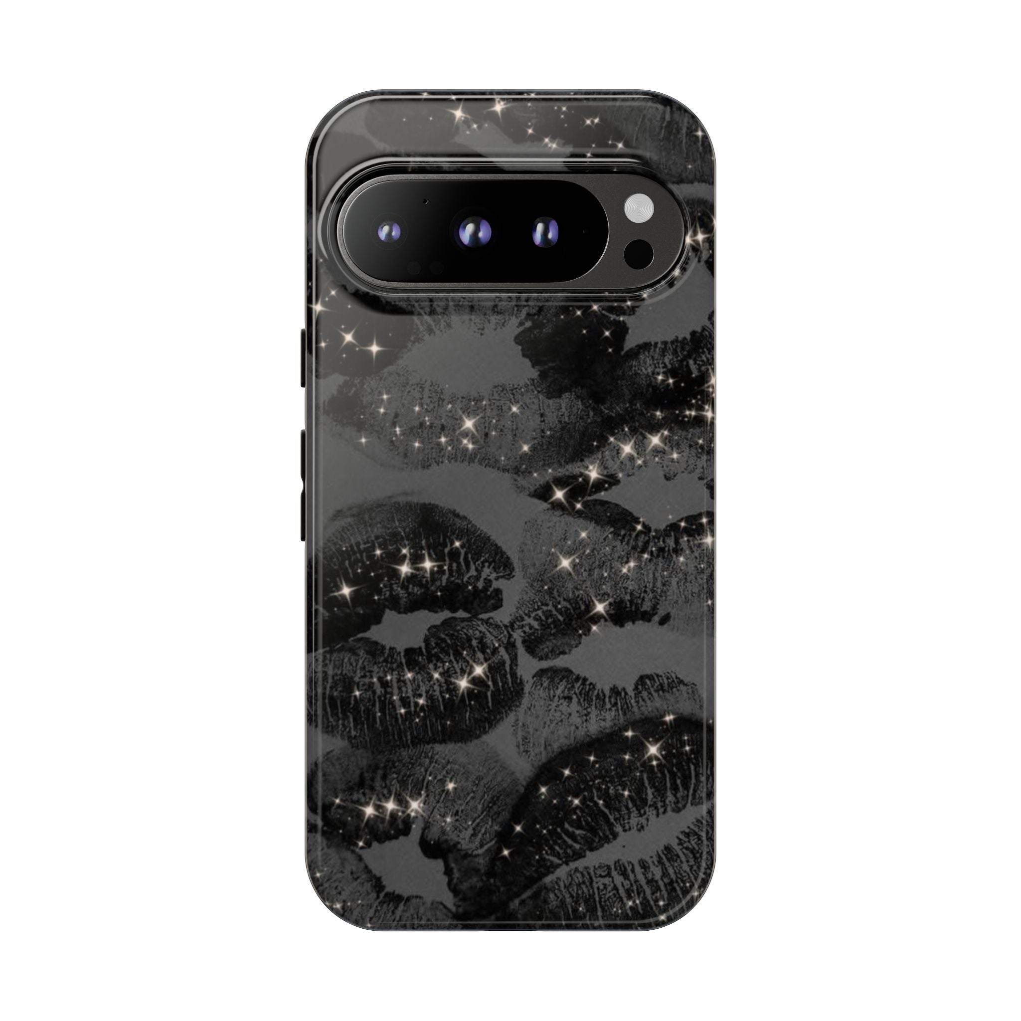 Black Glitter Kiss Phone Case — Sparkling Lip Print Protective Cover