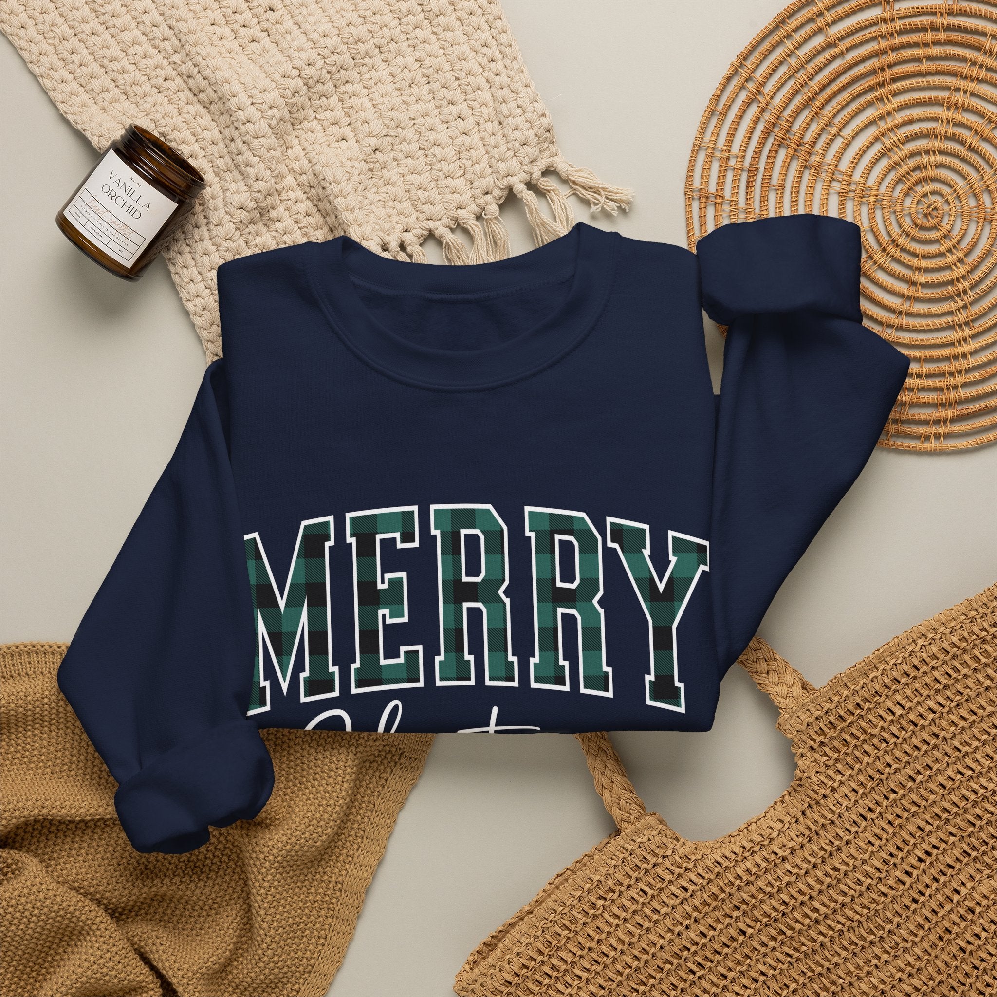 Merry Christmas Crewneck Sweatshirt – Plaid Holiday Graphic Crew