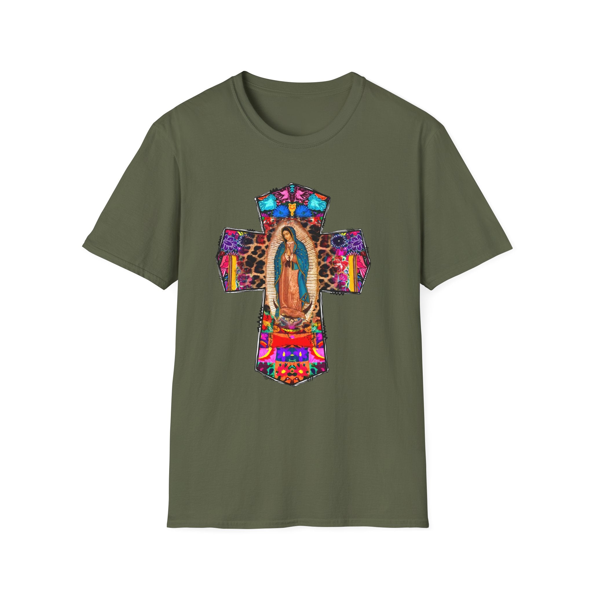 Our Lady of Guadalupe Cross T-Shirt | Religious Mexican Folk Art