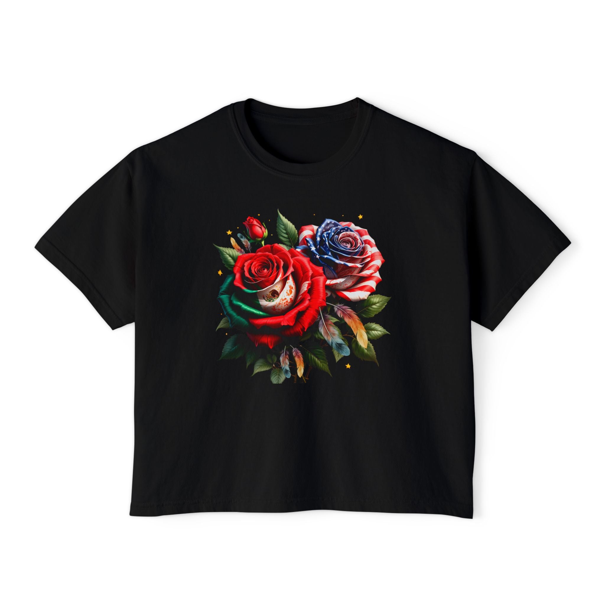 Women’s Boxy Tee — Vintage Red & Blue Rose Floral Graphic
