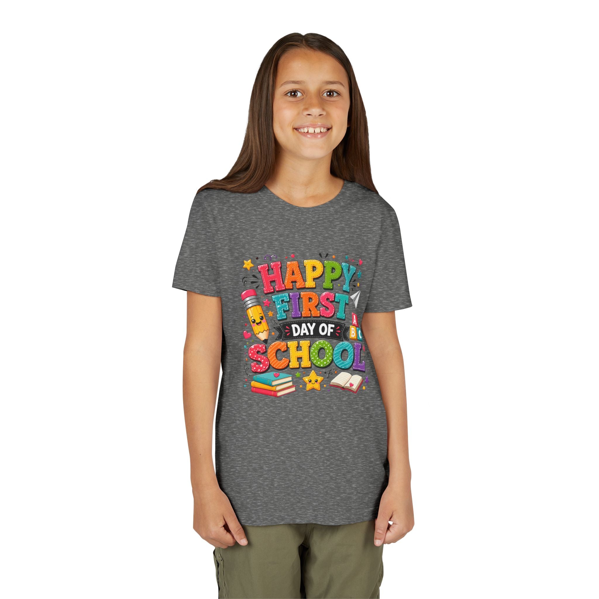 Youth Tee — "Happy First Day of School" Back-to-School Graphic Shirt