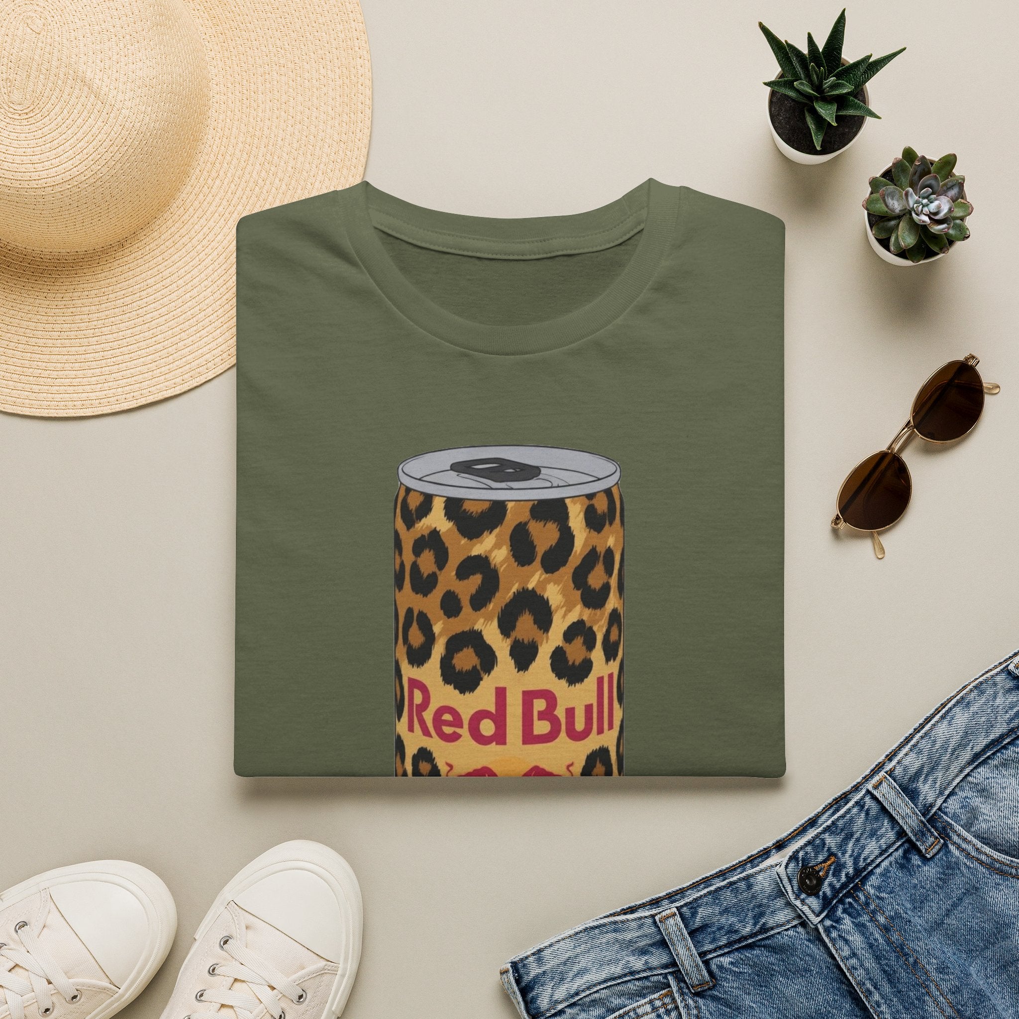 Leopard Print Red Bull Can T‑Shirt — Energy Drink Graphic Tee