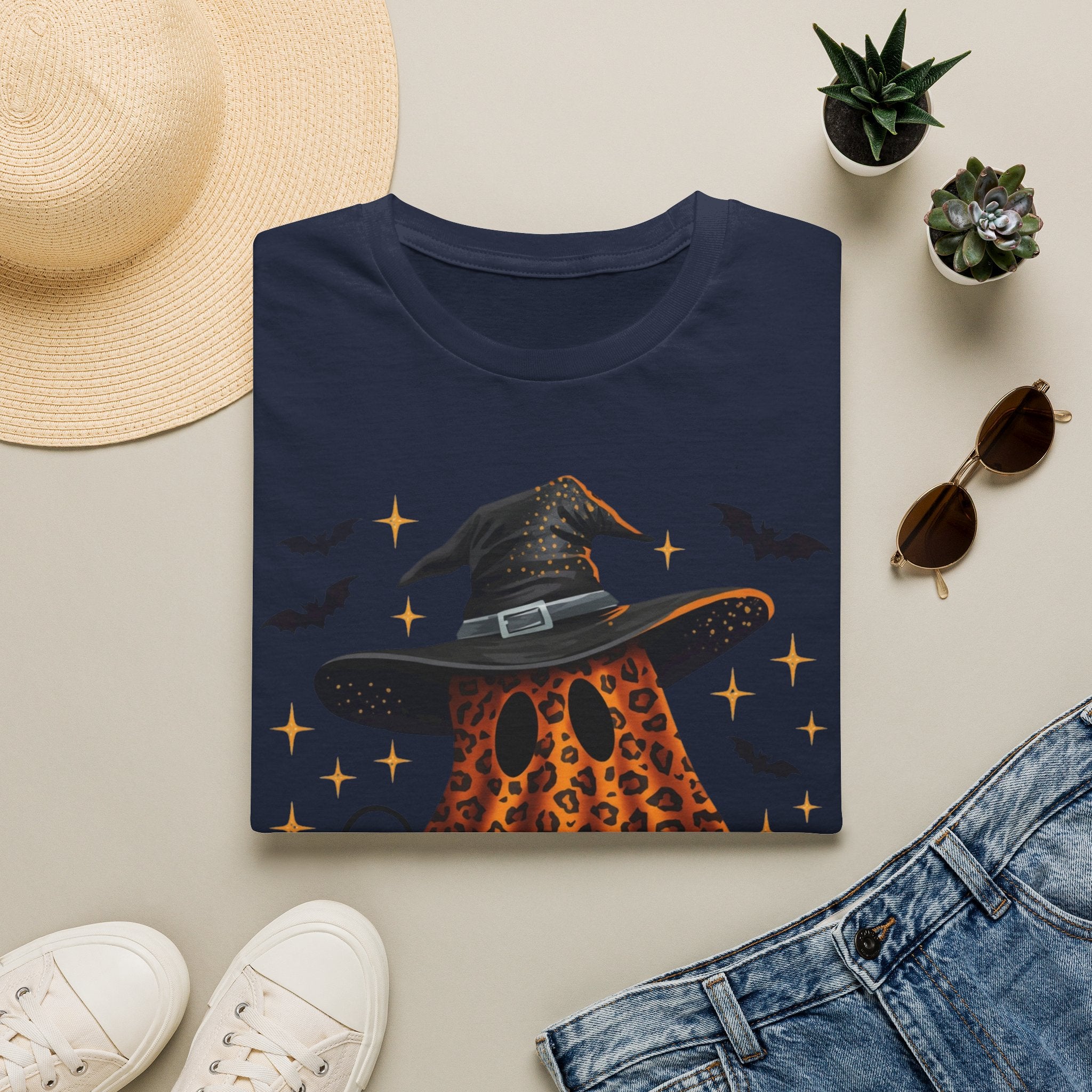 Halloween Leopard Ghost T-Shirt — Witch Hat & Bats Graphic
