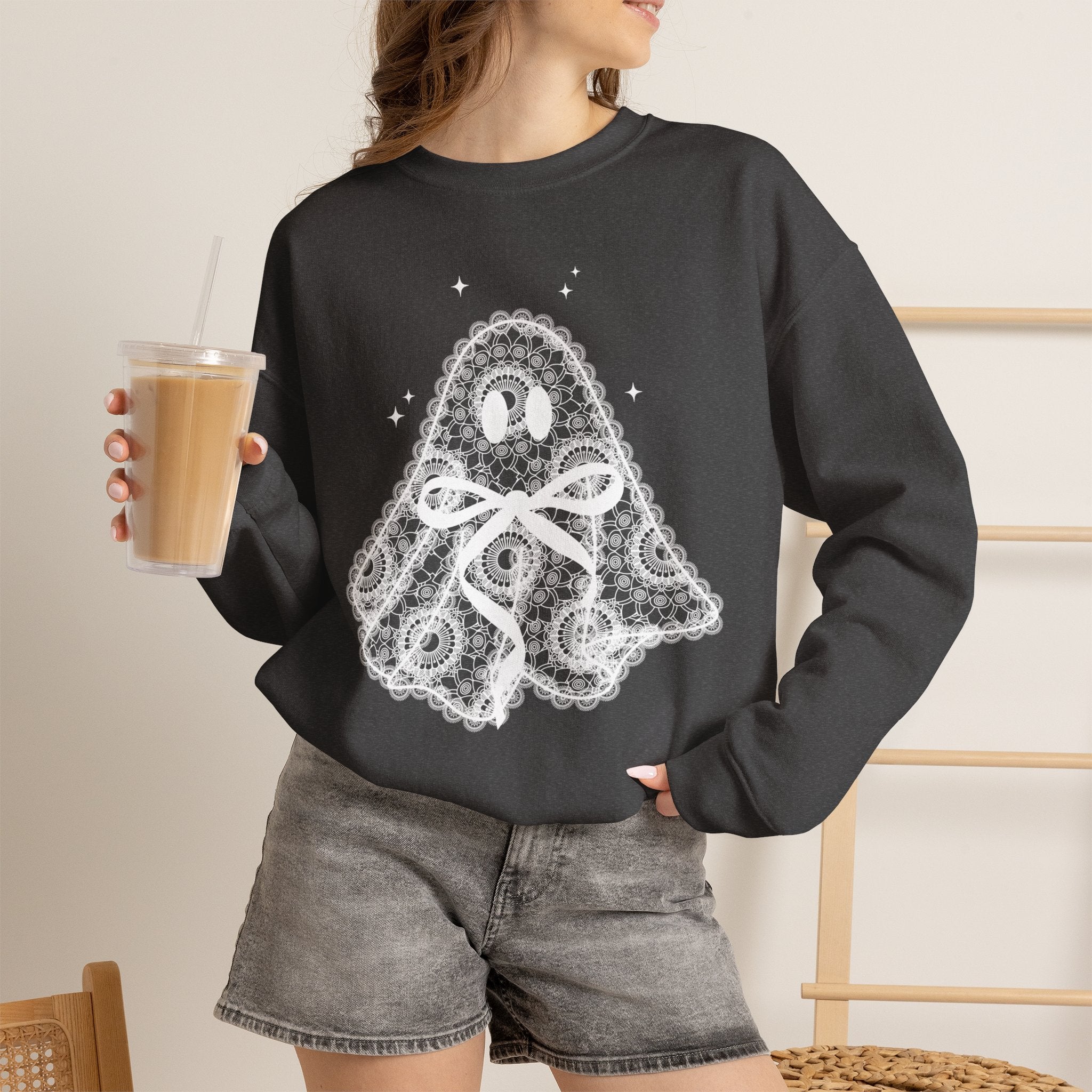 Crewneck Sweatshirt — Lace Ghost Illustration Cozy Halloween Pullover