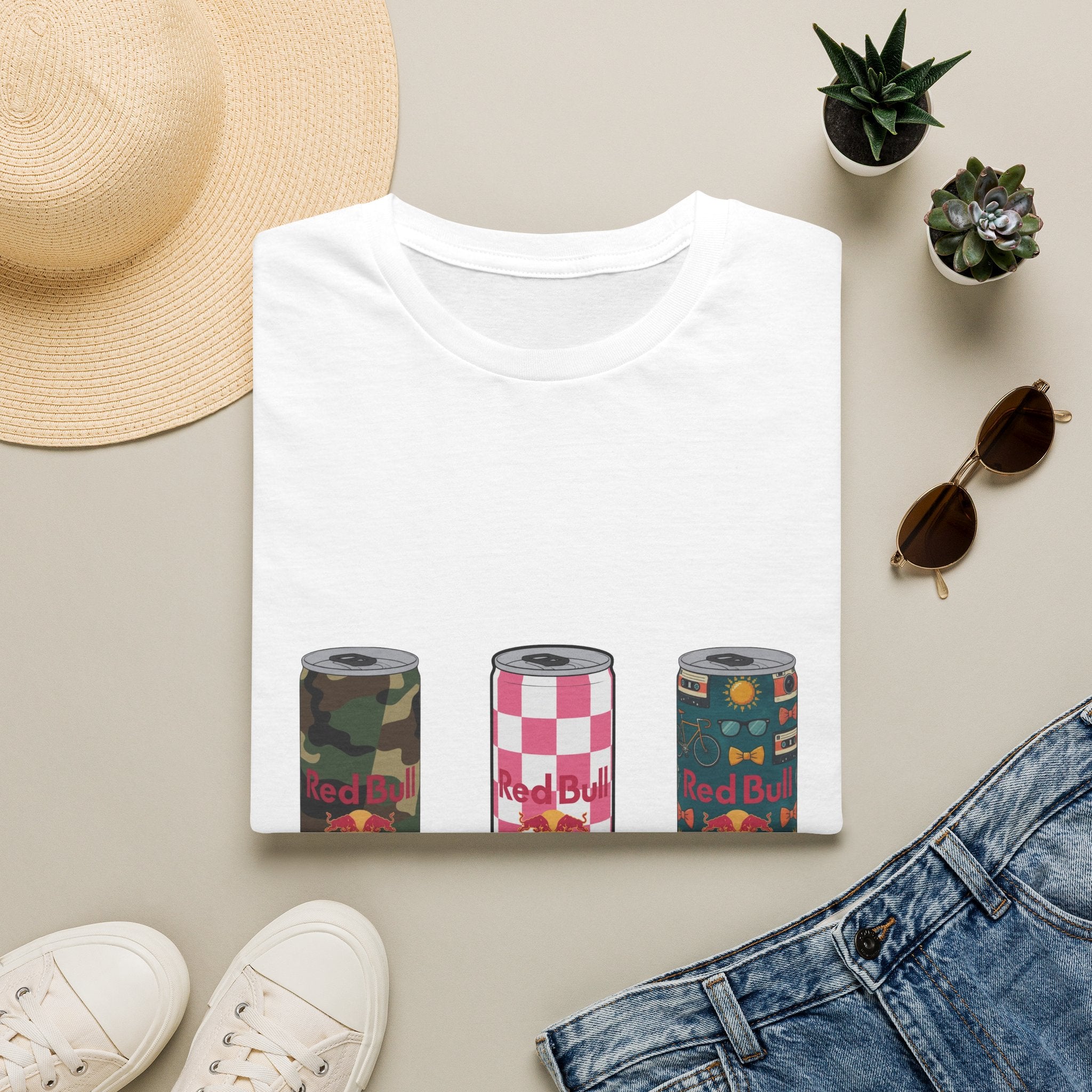 Energy Drink Can Trio T-Shirt — Camouflage, Checker & Floral Cans