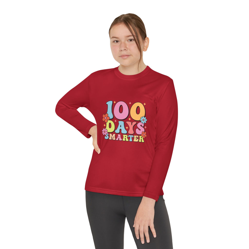 100 Days Smarter Youth Long Sleeve Tee — Retro Floral School Celebration Shirt