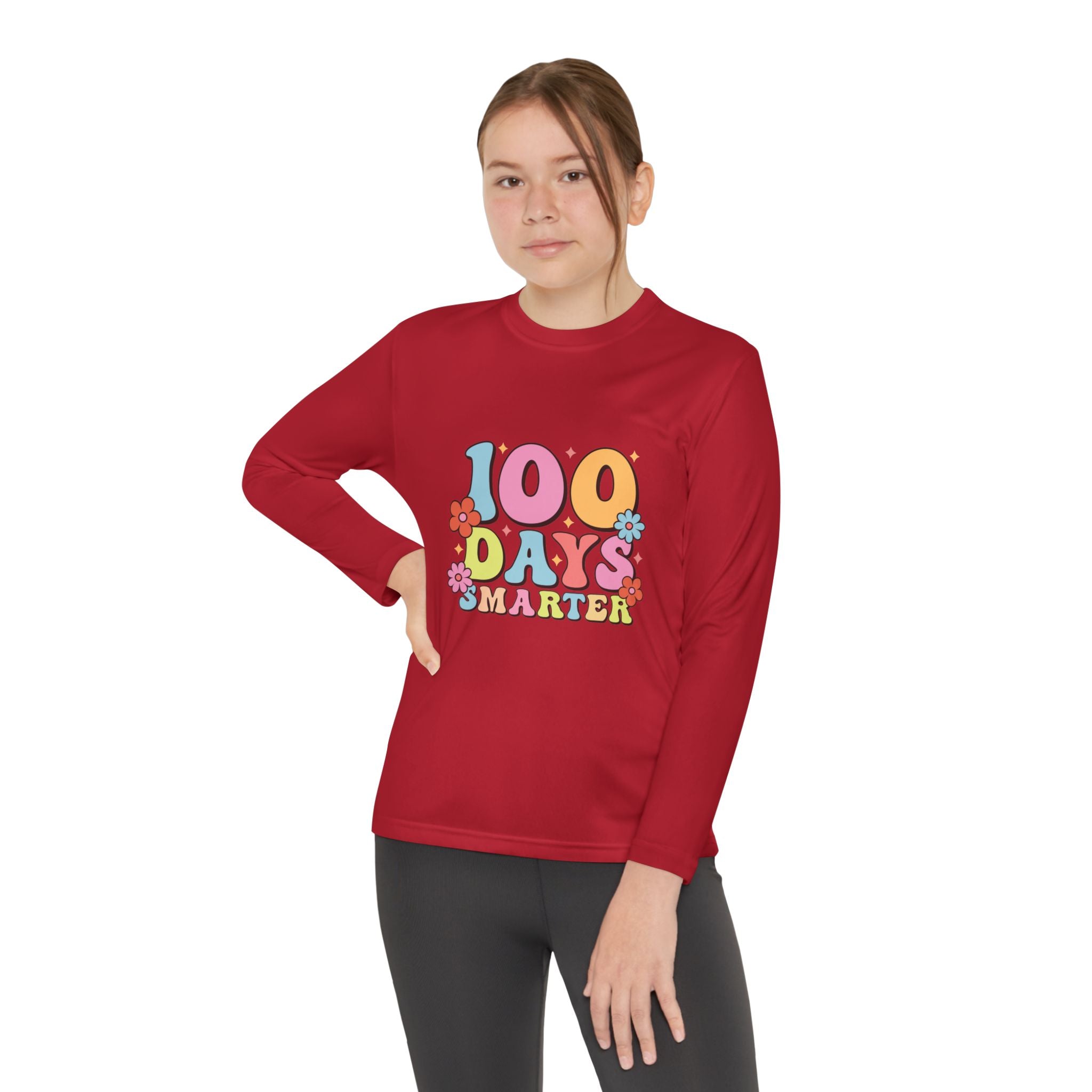 100 Days Smarter Youth Long Sleeve Tee — Retro Floral School Celebration Shirt