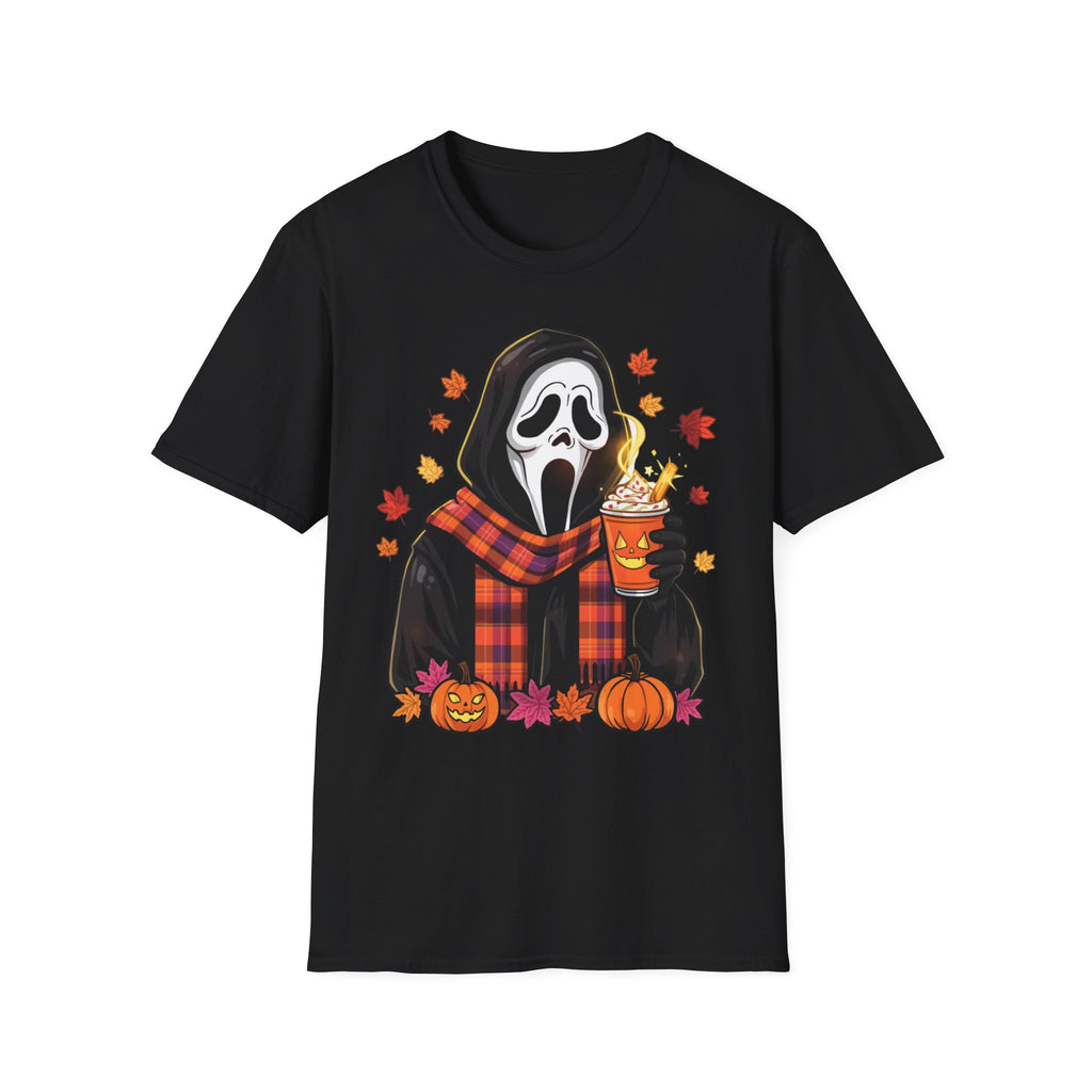 Halloween Scream Mask T‑Shirt — Cozy Fall Pumpkin & Hot Cocoa Graphic Tee