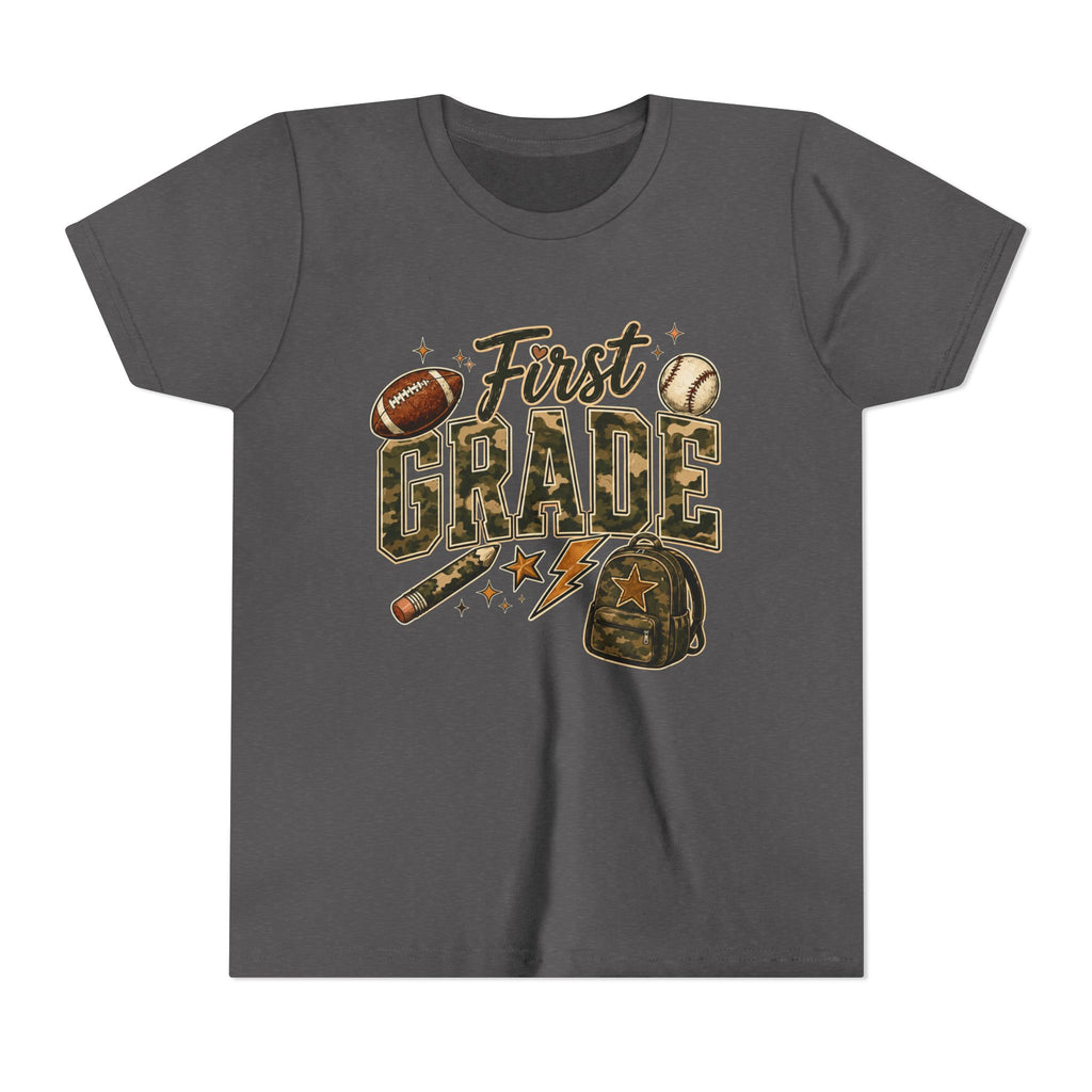 First Grade Kids T‑Shirt — Back to School Sports Backpack Design