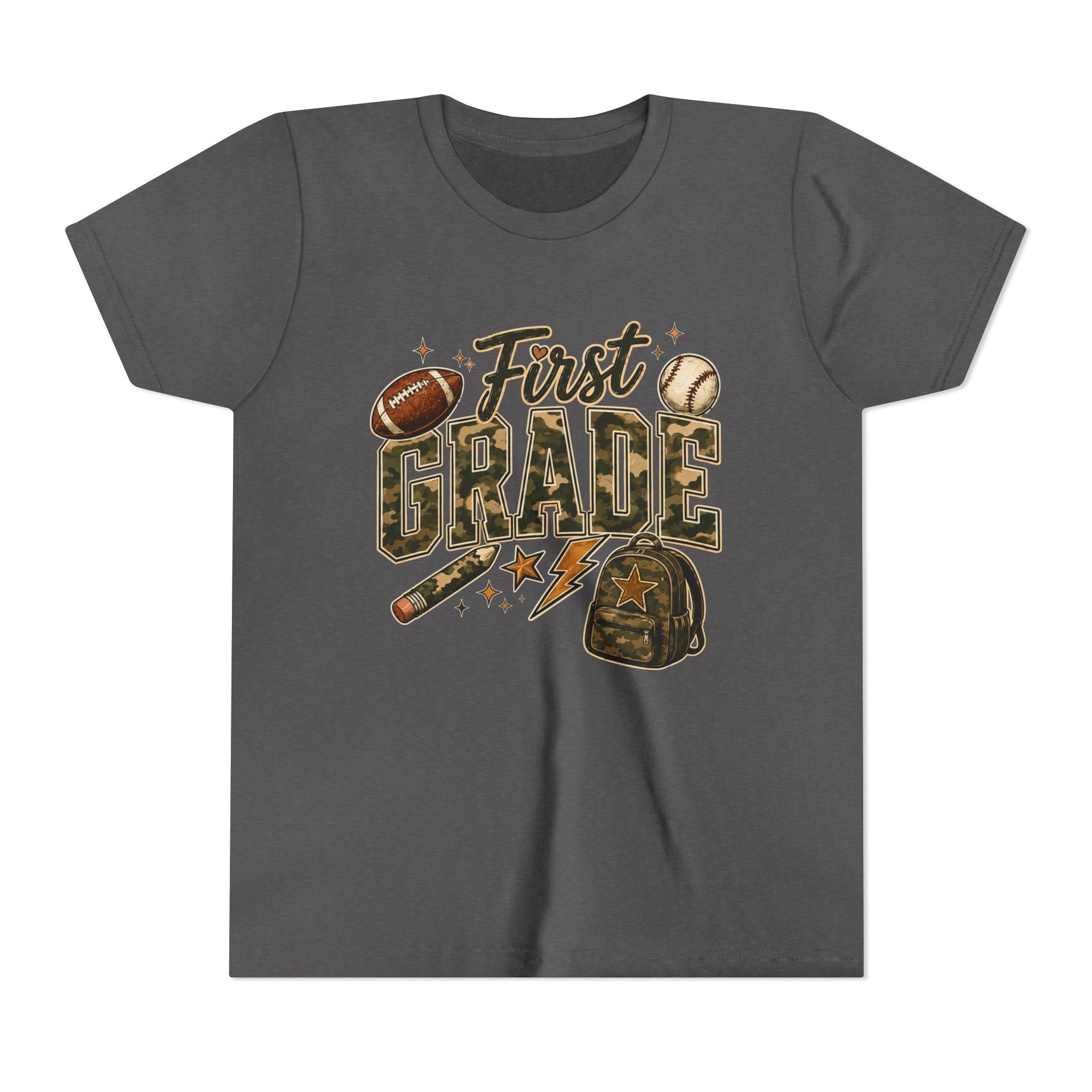 First Grade Kids T‑Shirt — Back to School Sports Backpack Design