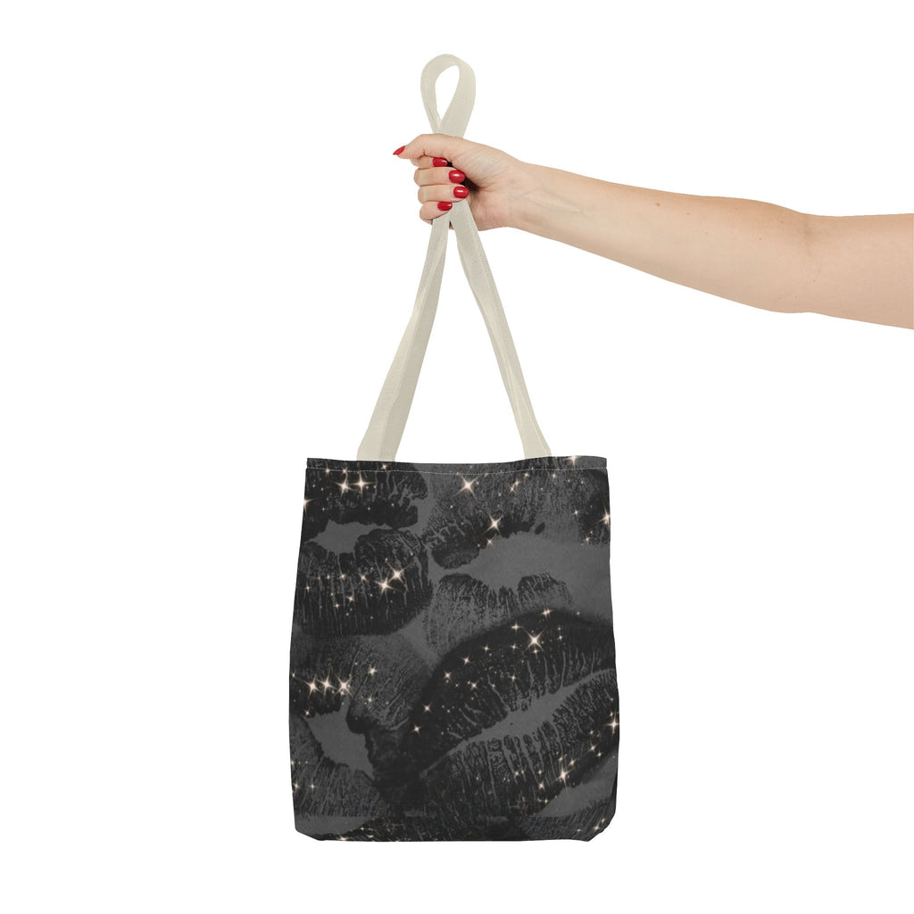 Glitter Kiss Print Tote Bag | Black Lipstick Pattern, Sparkle All-Over