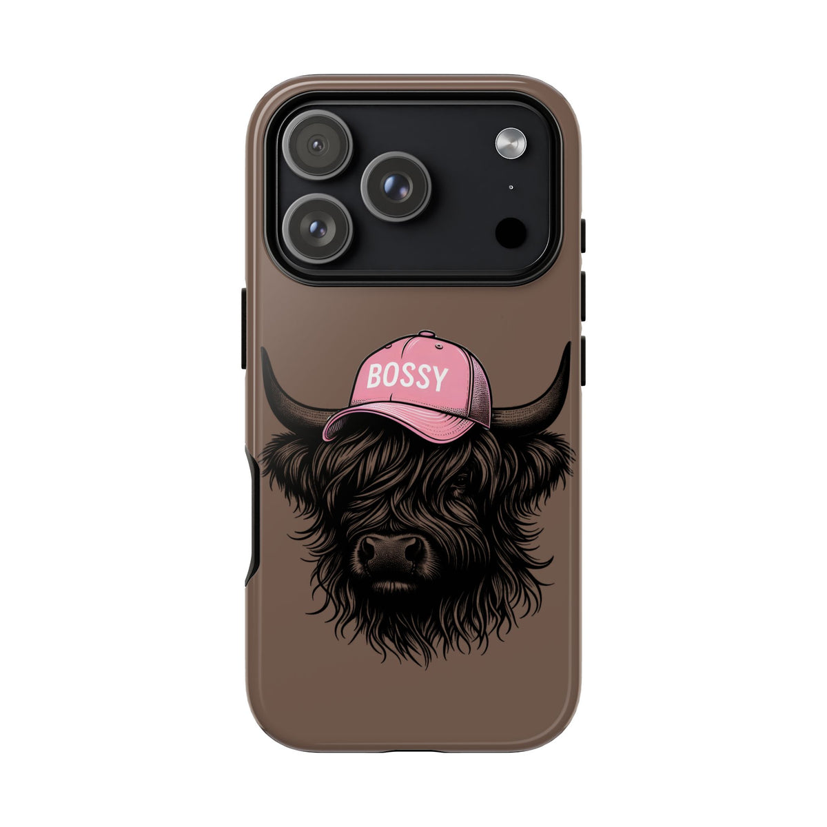 Phone Case — Highland Cow Wearing 'BOSSY' Pink Hat, Cute Farm Animal Protective Cover