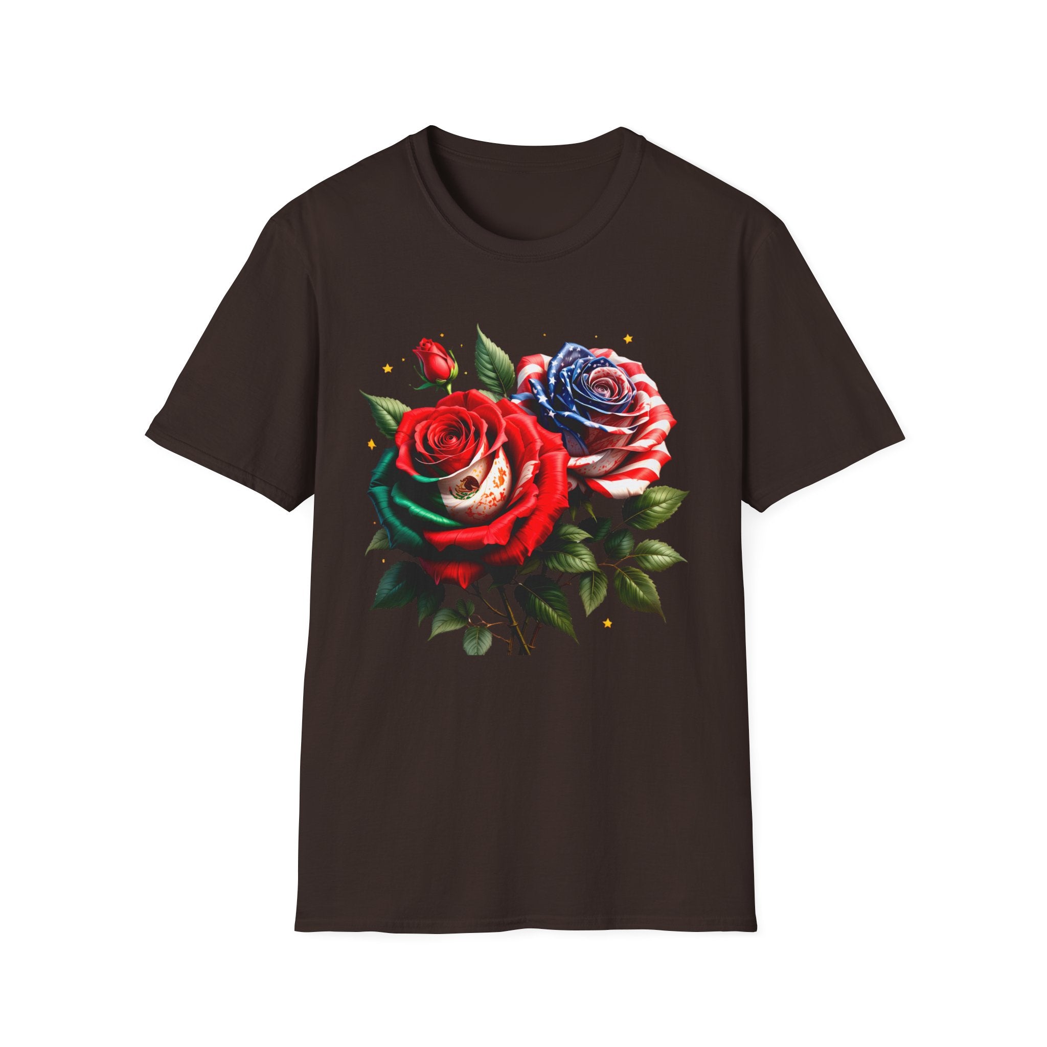 Patriotic Rose Skull T-Shirt — American Flag Blue & Red Floral Tee