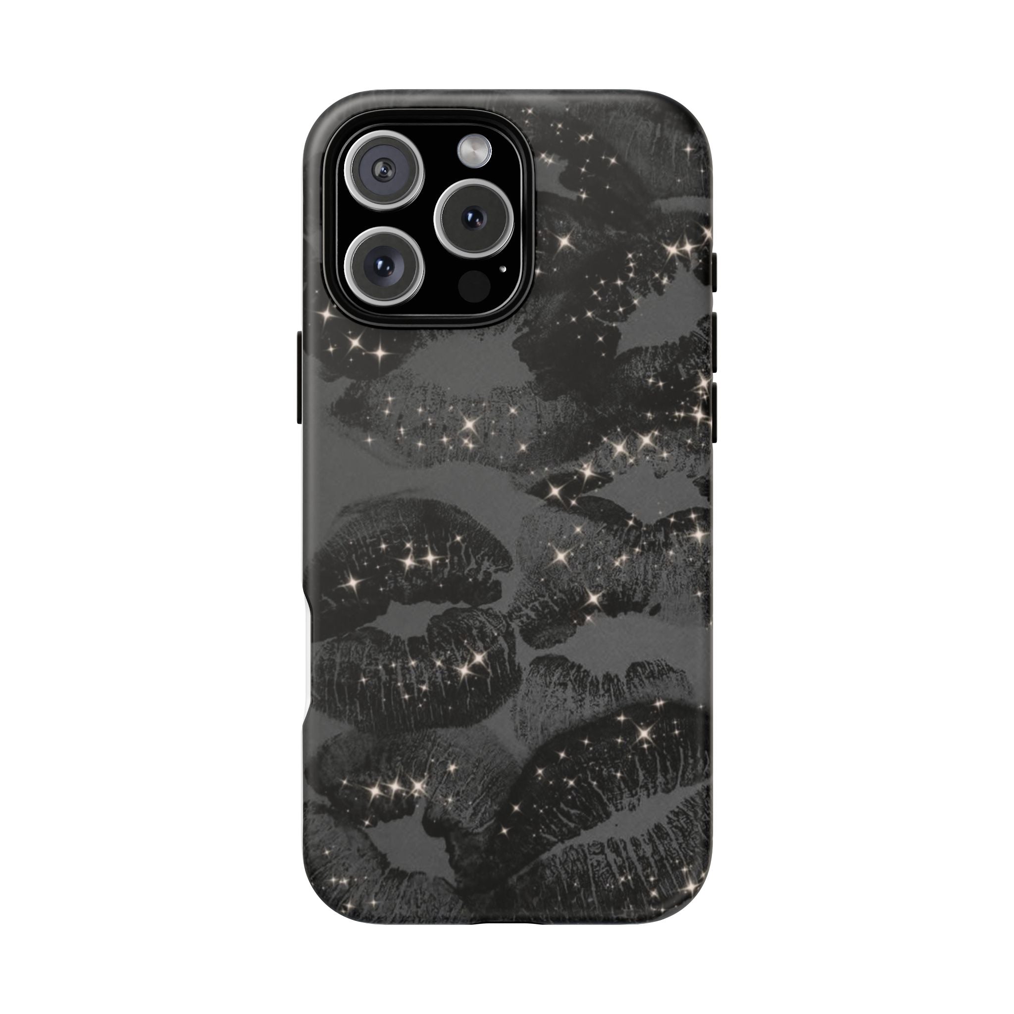 Black Glitter Kiss Phone Case — Sparkling Lip Print Protective Cover