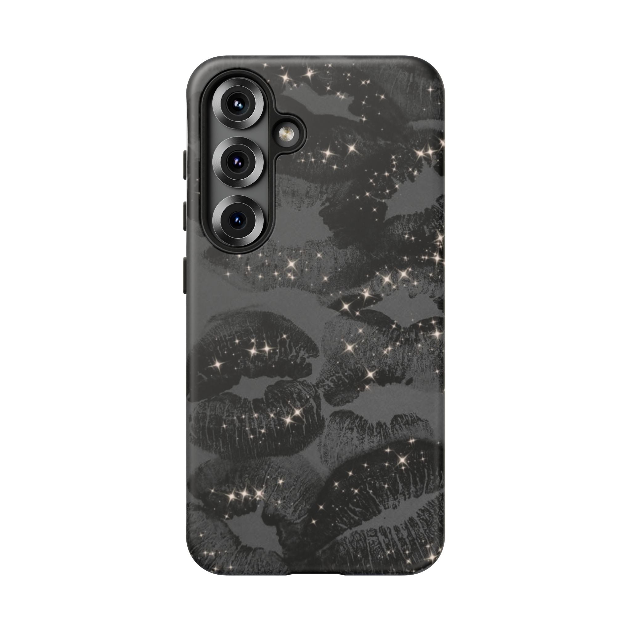 Black Glitter Kiss Phone Case — Sparkling Lip Print Protective Cover