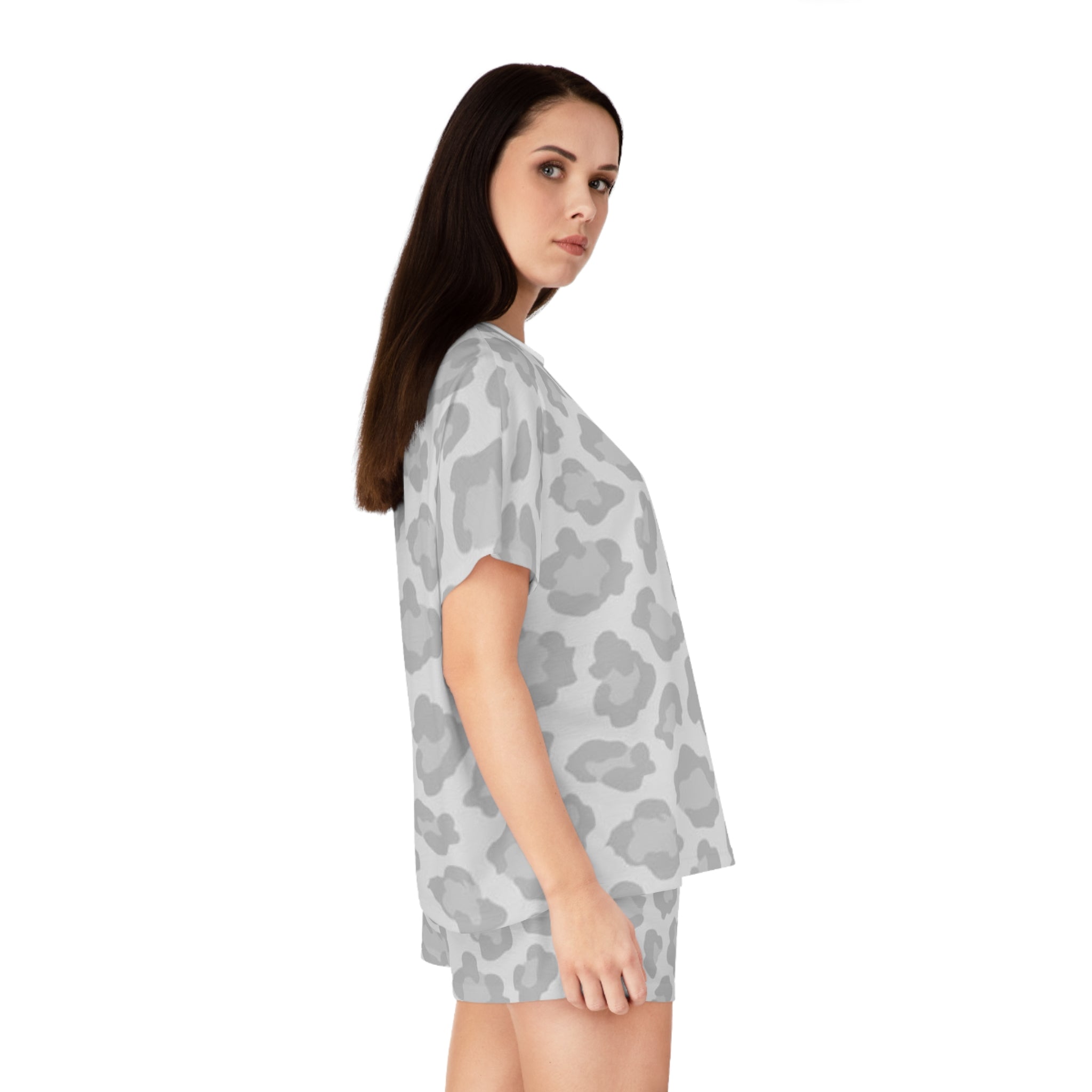 Gray Leopard Print Women's Short Pajama Set — Cozy Sleep Tee & Shorts