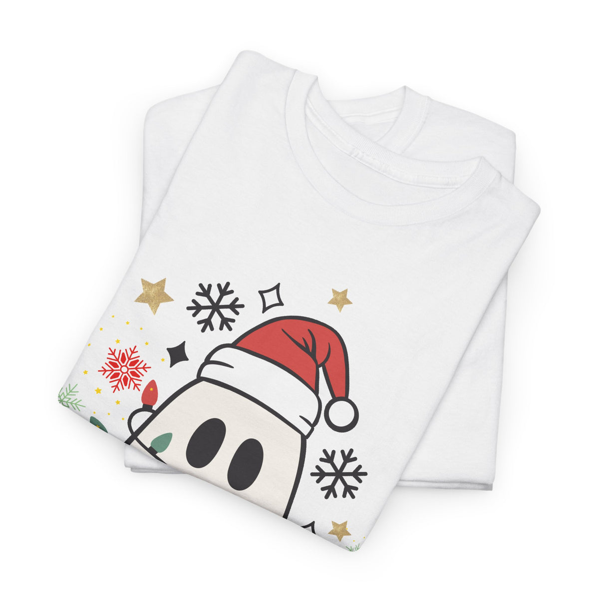 Christmas Ghost T-Shirt — Cute Haunted Holiday Tee with Santa Hat & Lights
