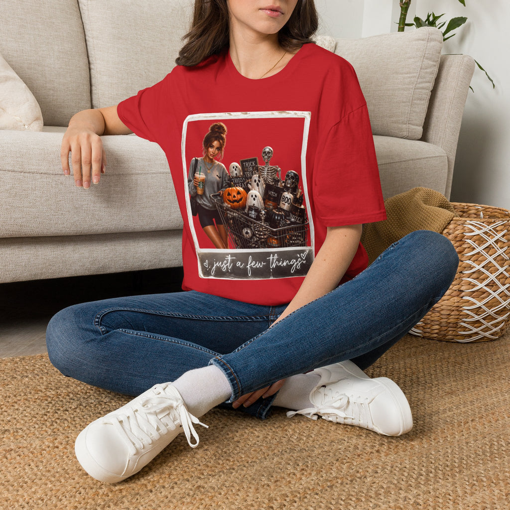 Halloween Cozy Tee — Woman with Pumpkin & Skeleton Graphic