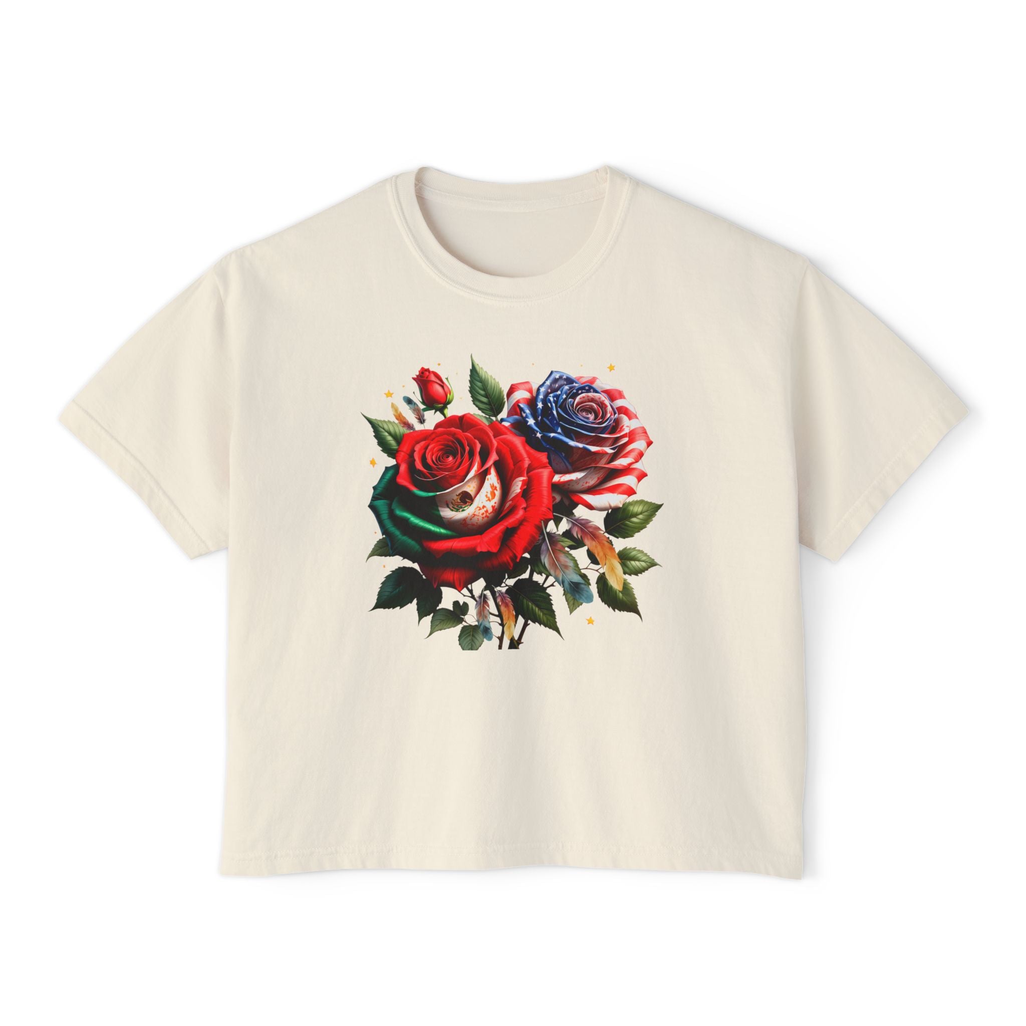 Women’s Boxy Tee — Vintage Red & Blue Rose Floral Graphic