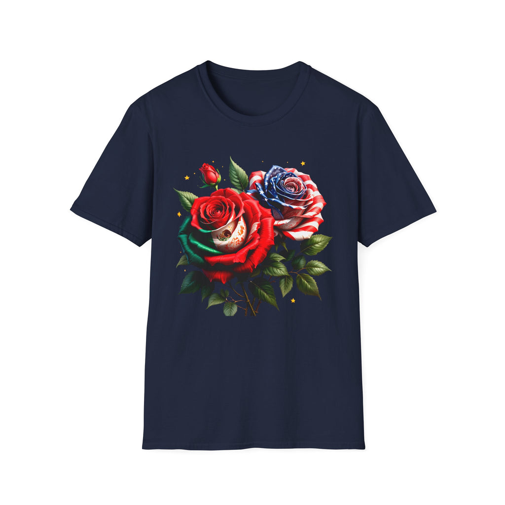Patriotic Rose Skull T-Shirt — American Flag Blue & Red Floral Tee