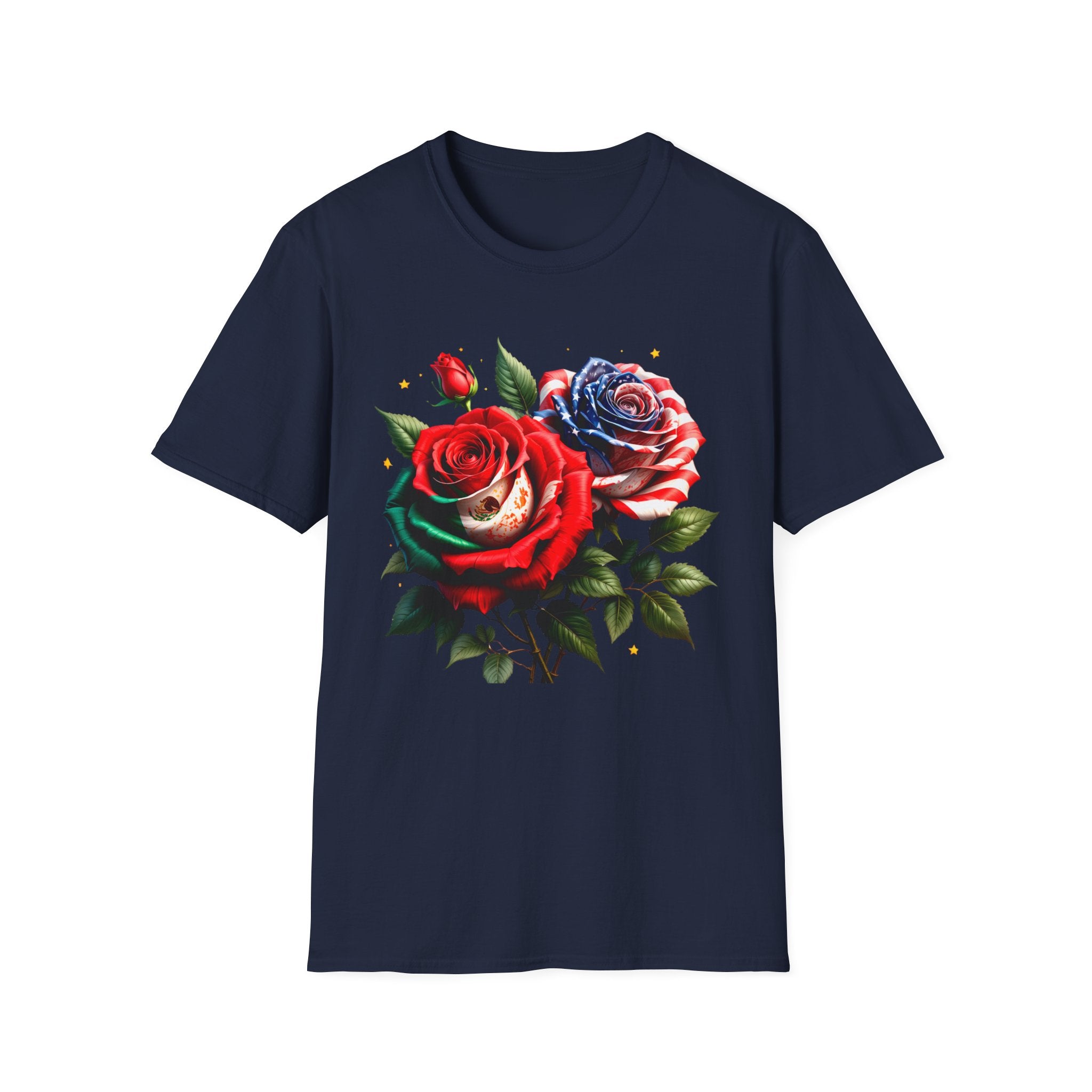 Patriotic Rose Skull T-Shirt — American Flag Blue & Red Floral Tee
