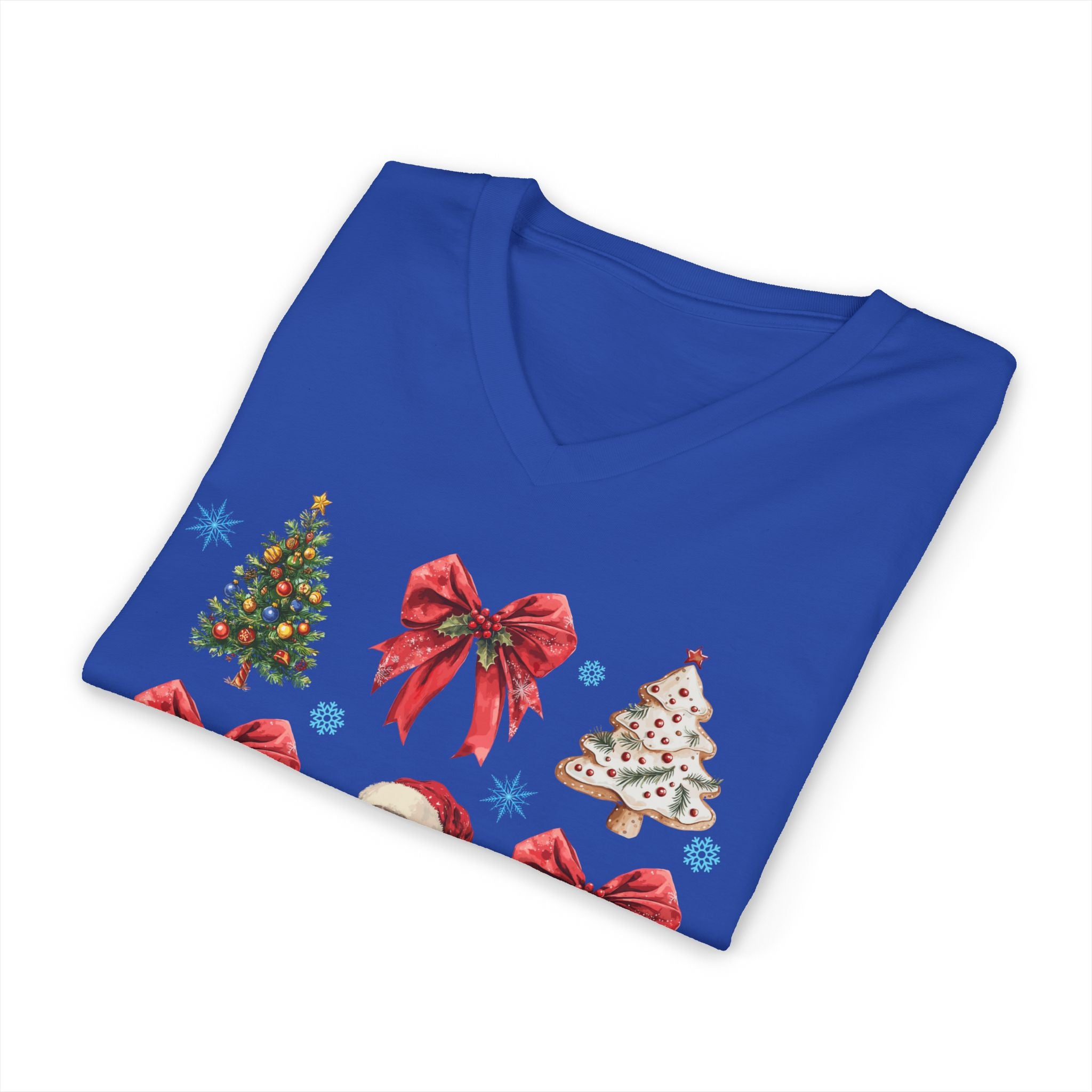 Christmas Icons V-Neck Tee — Santa, Trees & Holiday Bows