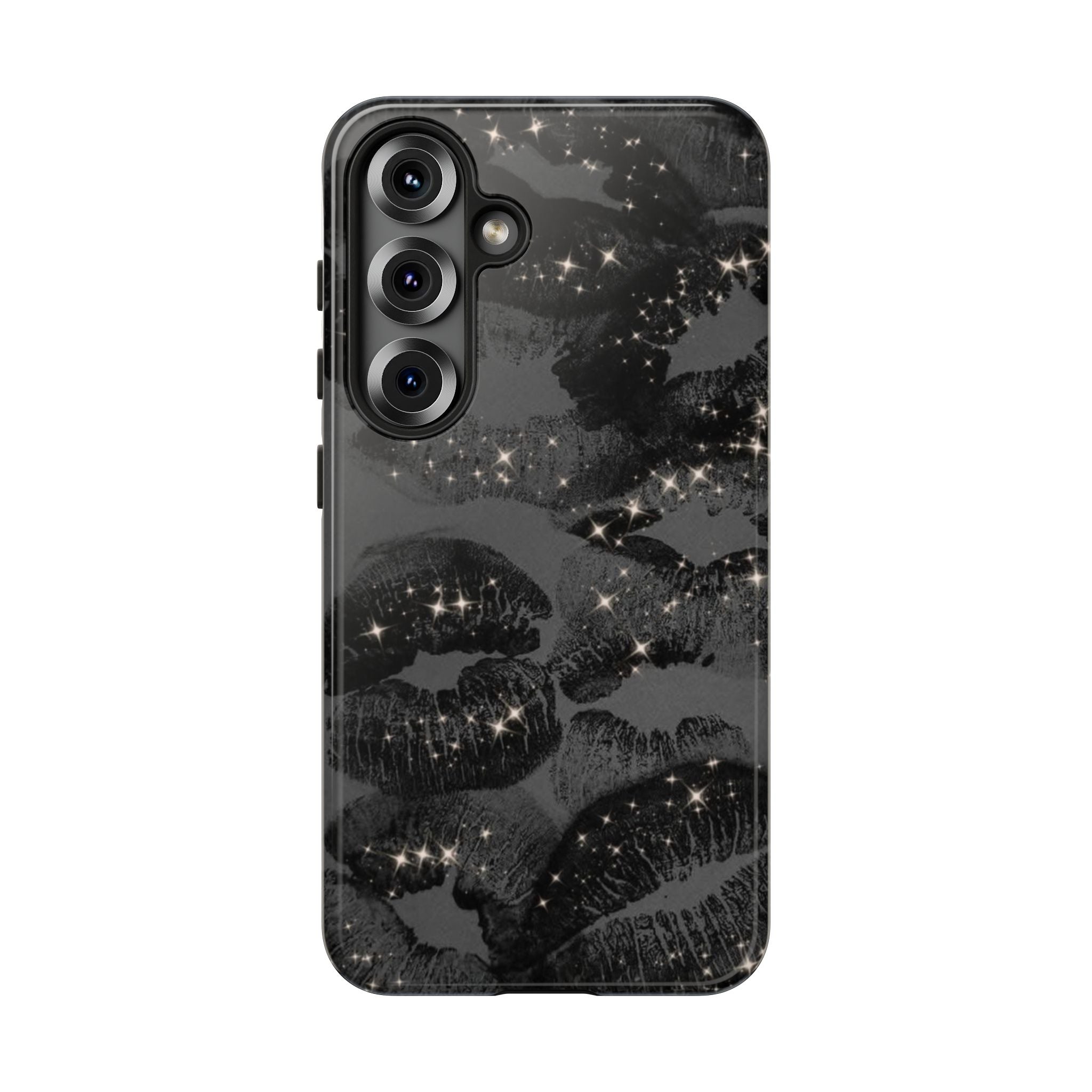 Black Glitter Kiss Phone Case — Sparkling Lip Print Protective Cover