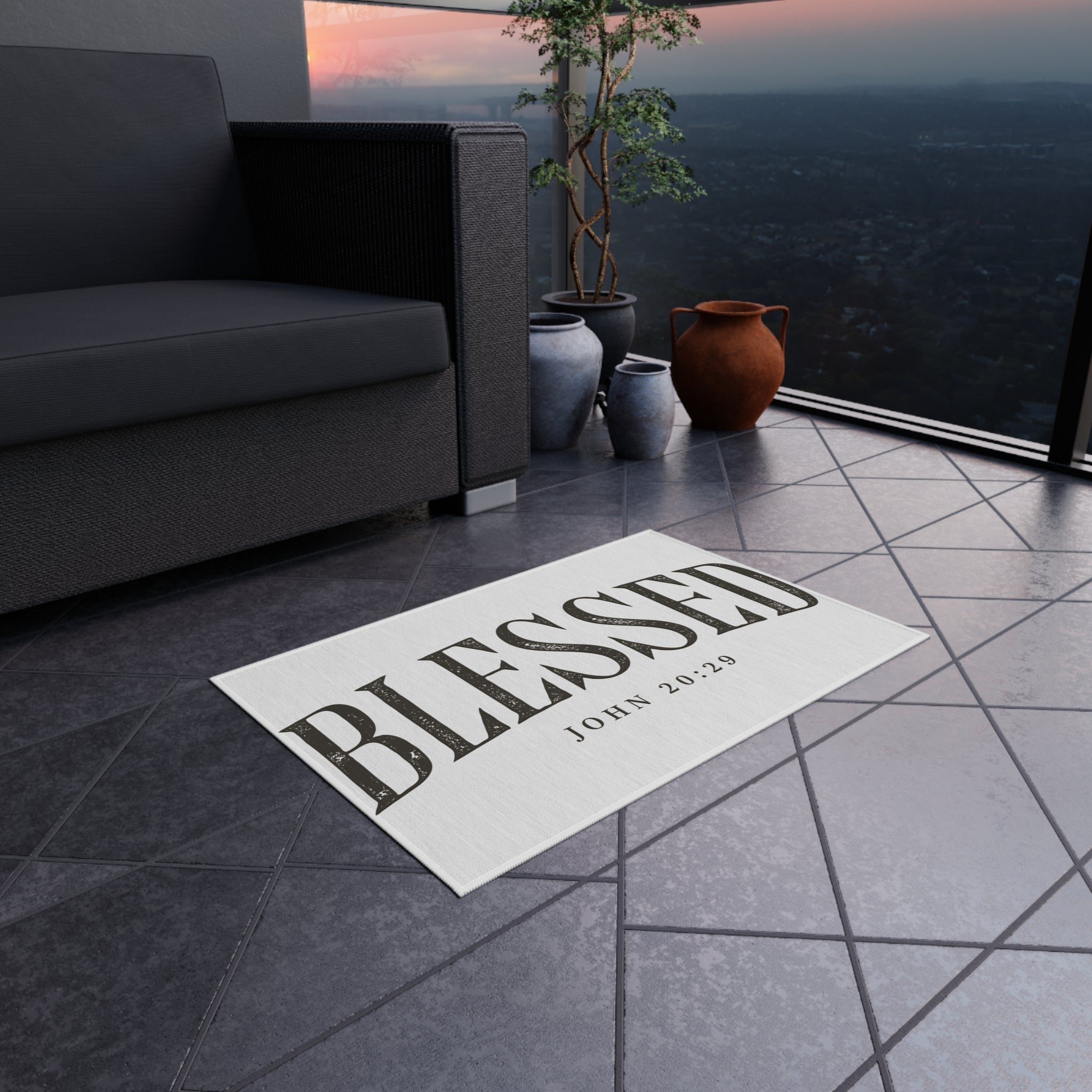 Blessed Outdoor Rug — "BLESSED" with John 20:29 Doormat