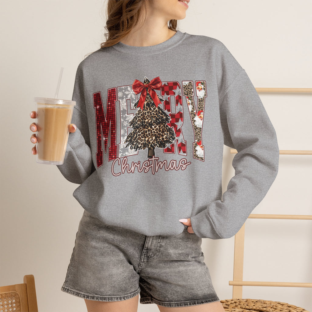 Merry Christmas Crewneck Sweatshirt — Festive Tree & Bow Holiday Sweatshirt