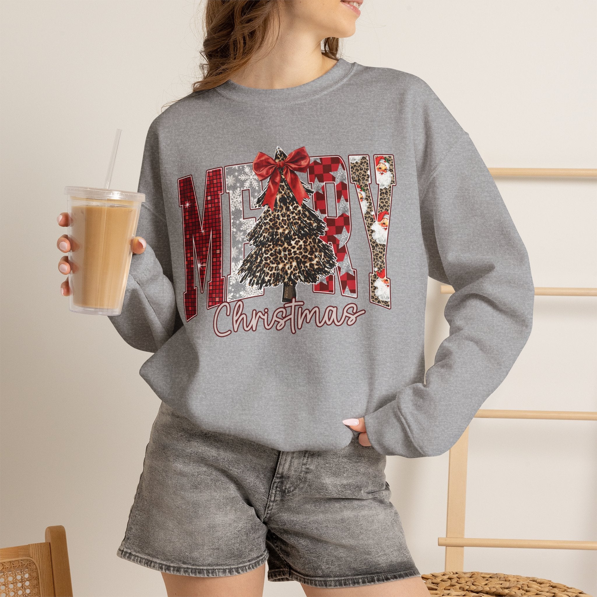 Merry Christmas Crewneck Sweatshirt — Festive Tree & Bow Holiday Sweatshirt
