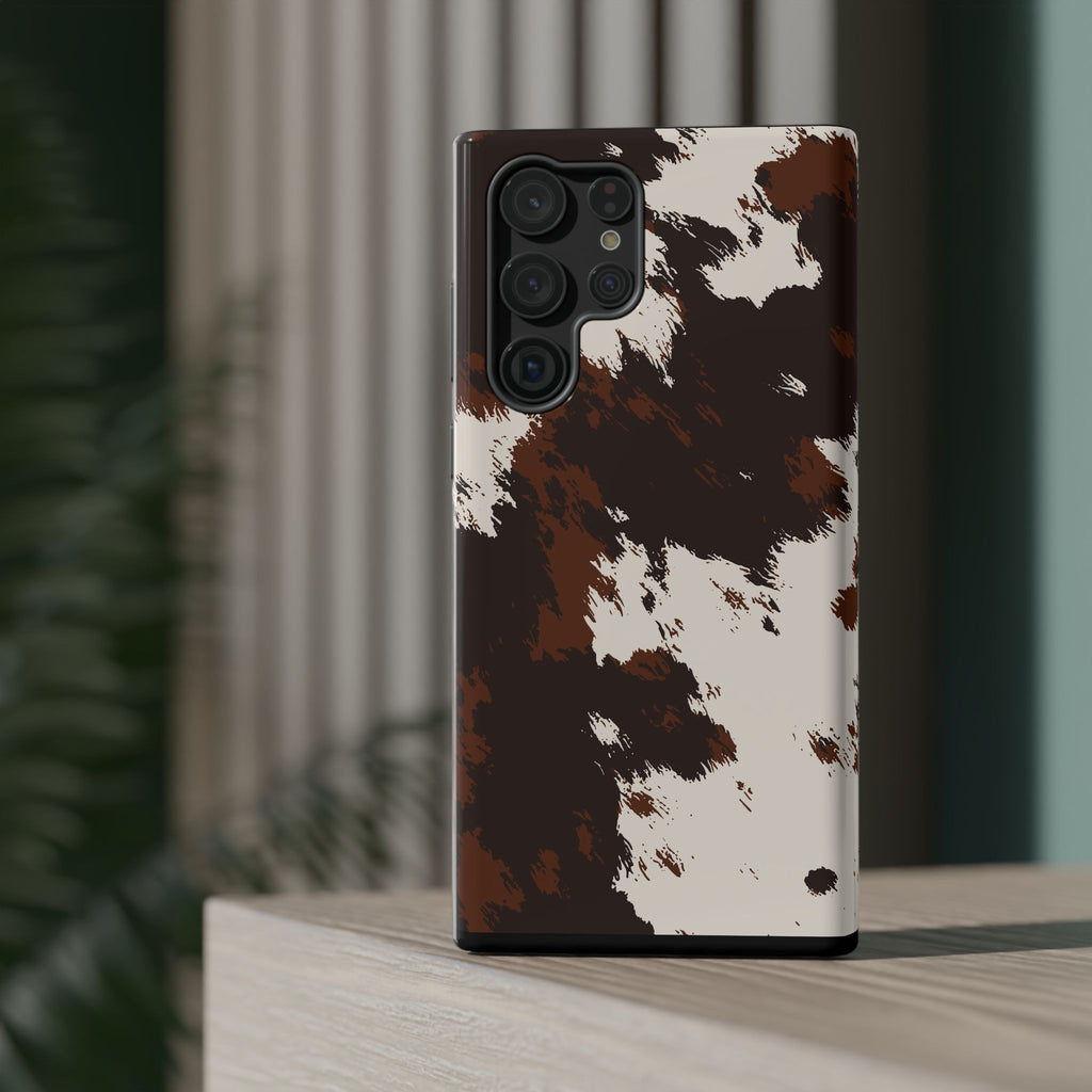 Cowhide Print Impact Phone Case — Brown & Cream Protective Cover